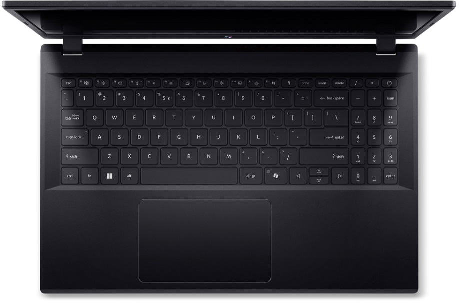 Fentről nézet egy fekete laptopról. A billentyűzet van fókuszban. Az érintőpad a billentyűzet alatt van.