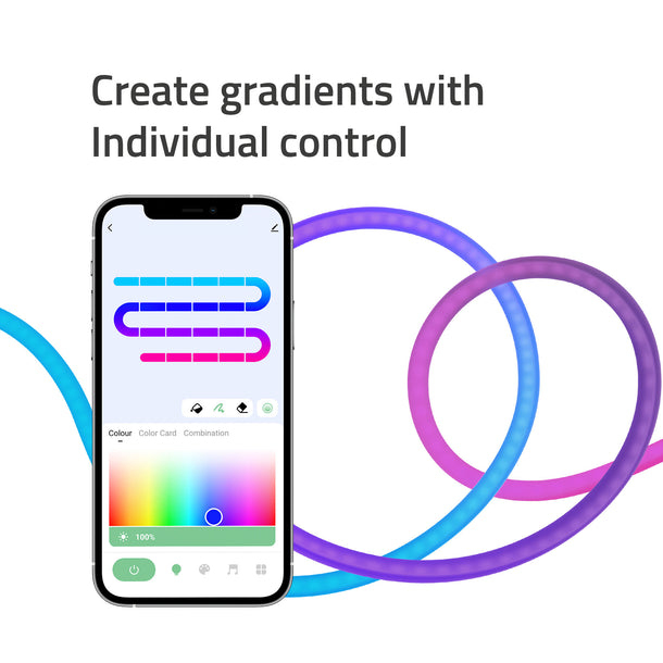 Ein Smartphone zeigt eine Farbpalette, und ein gebogener Lichtstreifen zeigt Farbverläufe. Der Text lautet: „Erstellen Sie Farbverläufe mit individueller Steuerung“.