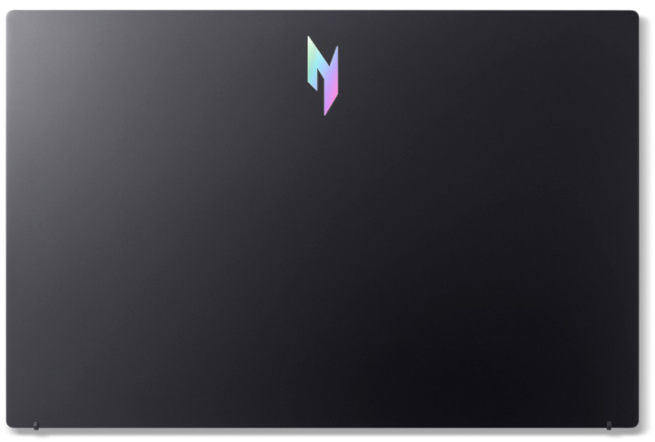 Fekete laptop fedél, színes logóval a felső középen. A felület sima és fényvisszaverő.