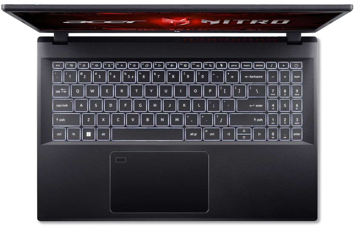 Fekete Acer Nitro laptop, nyitva. Billentyűzet és touchpad látható. A képernyő piros grafikát mutat. Fehér háttérvilágítású billentyűk.