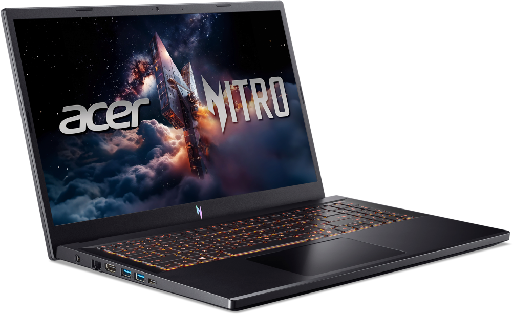 Fekete Acer Nitro laptop nyitva. A képernyő űrszínpadot mutat hajóval és logóval. A billentyűzet narancssárgán világít.