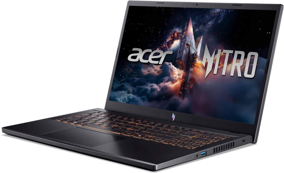 Fekete Acer Nitro laptop. A képernyő egy űrszekvenciát jelenít meg rakétával. A billentyűzet narancssárgán világít.