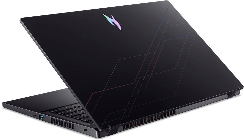 Fekete laptop, részben nyitva. A hátulján logó és geometriai vonalak találhatók. A billentyűzet látható. A jelenet fehér háttéren van.
