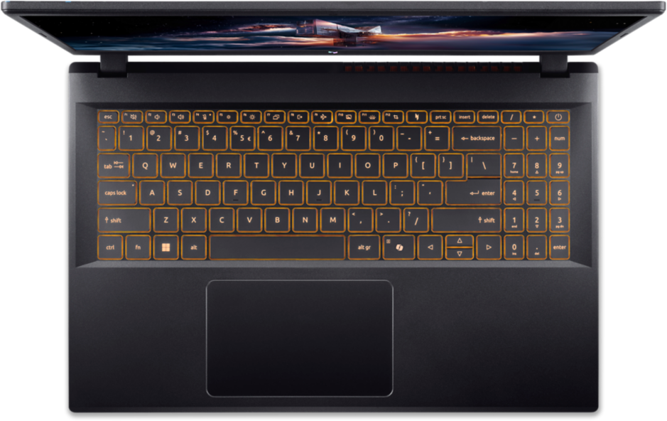 Fekete laptop felülnézete, narancssárga háttérvilágítású billentyűkkel. A képernyő színes űrjelenetet mutat. Alatta egy érintőpad található.