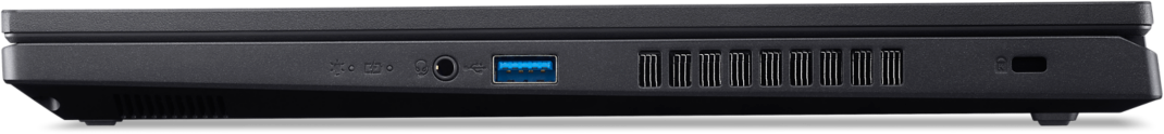 Fekete laptop oldala. USB, audió portok és szellőzőnyílások láthatók.