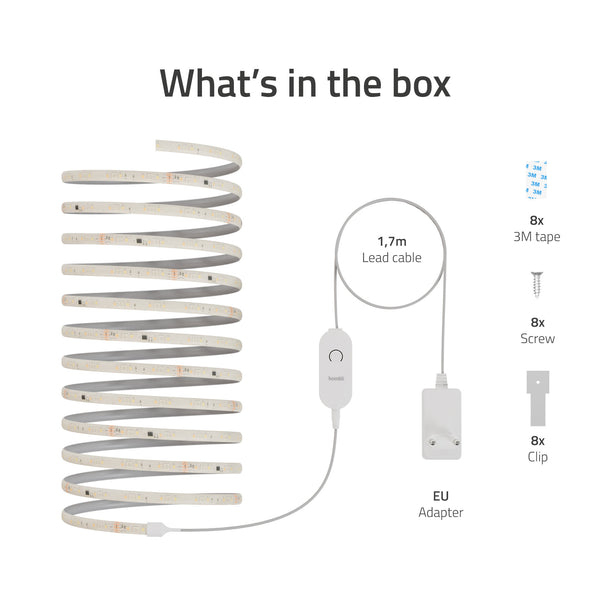 Das Bild zeigt LED-Streifen, Kabel, EU-Adapter, 3M-Klebeband, Schrauben und Clips. Text zeigt Inhalt der Box.