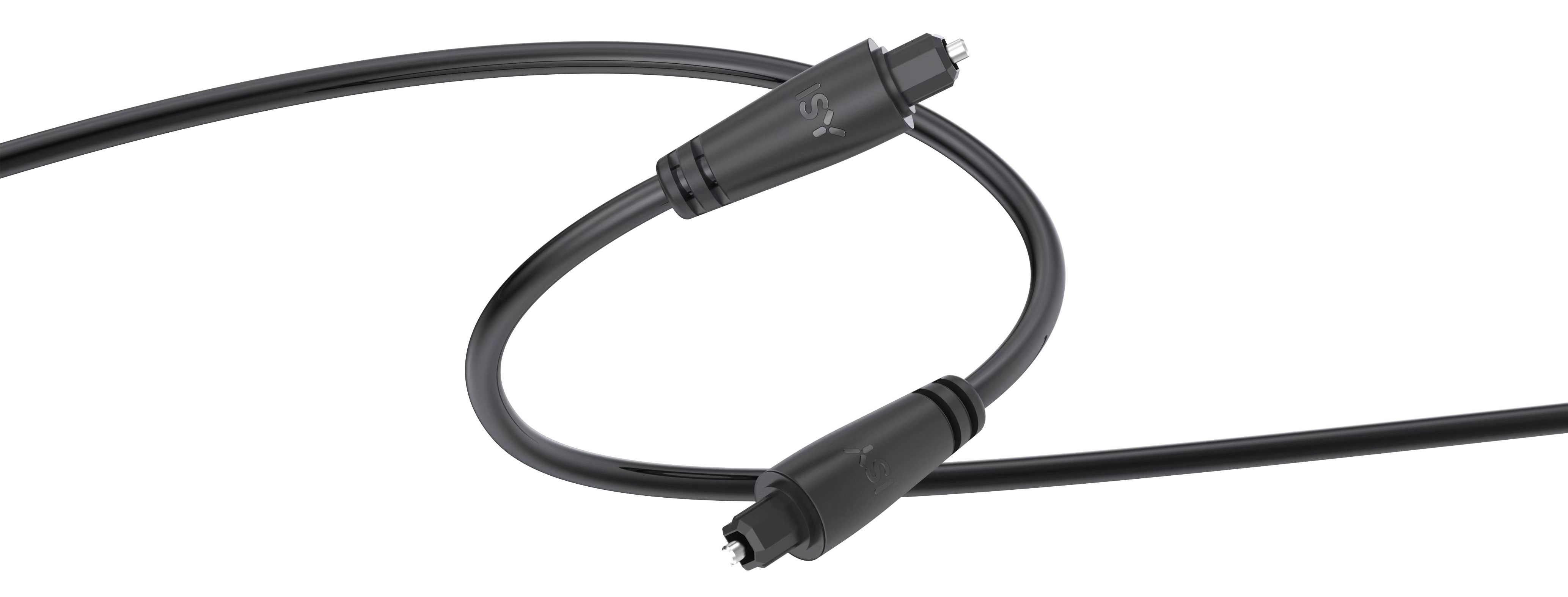 Czarny optyczny kabel audio na białym tle. Ma dwa końce i jest zakrzywiony. Widoczna jest nazwa marki.