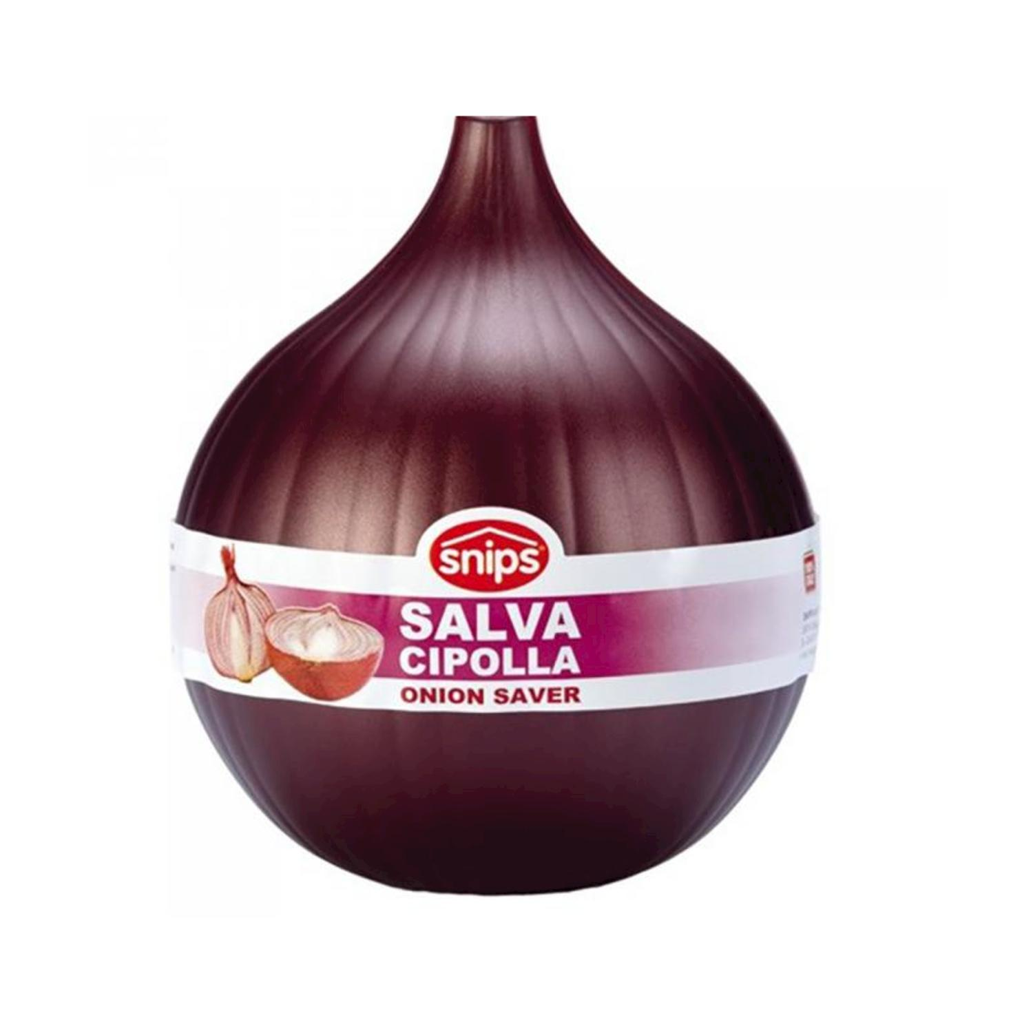 Un contenitore a forma di cipolla, rosso scuro, con una fascia bianca. Dice 'snips', 'Salva Cipolla' e 'Onion Saver'. Viene mostrata una grafica di cipolla.
