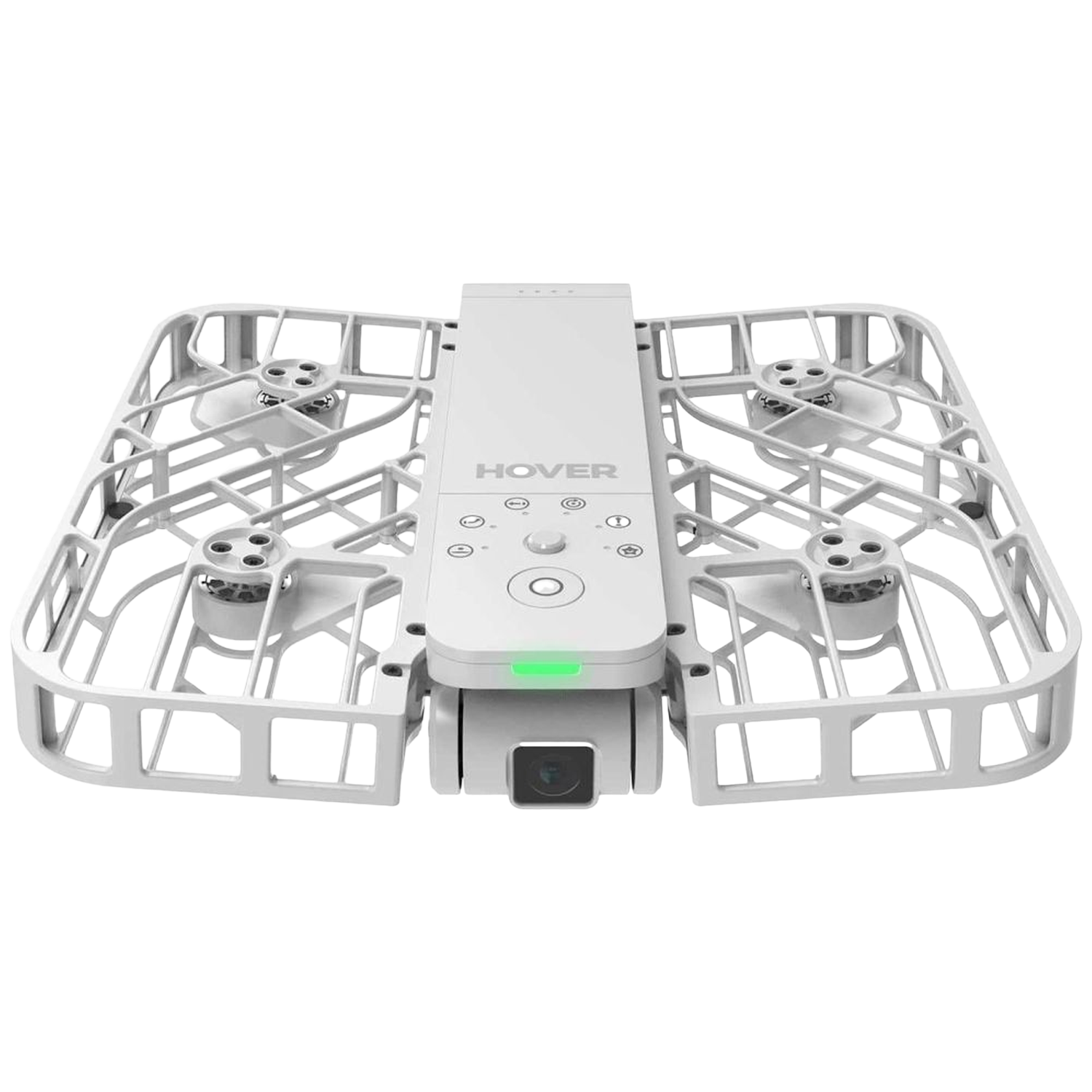 Een witte drone met beschermende kooien rond de propellers. Het heeft een camera aan de onderkant en het woord 'HOVER' erboven.