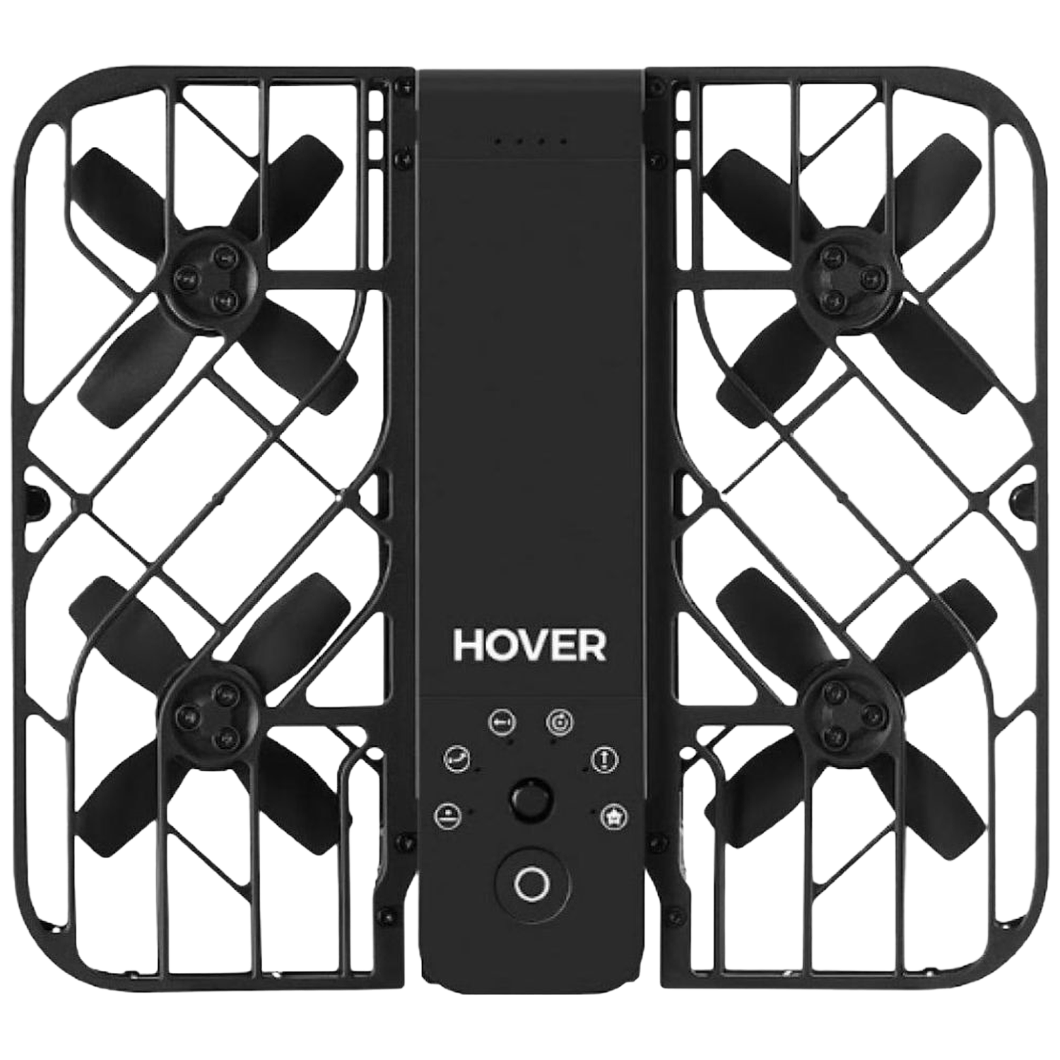 Zwart hover-apparaat met vier propellers, beschermende kooien en een bedieningspaneel. Het woord 'HOVER' is zichtbaar.
