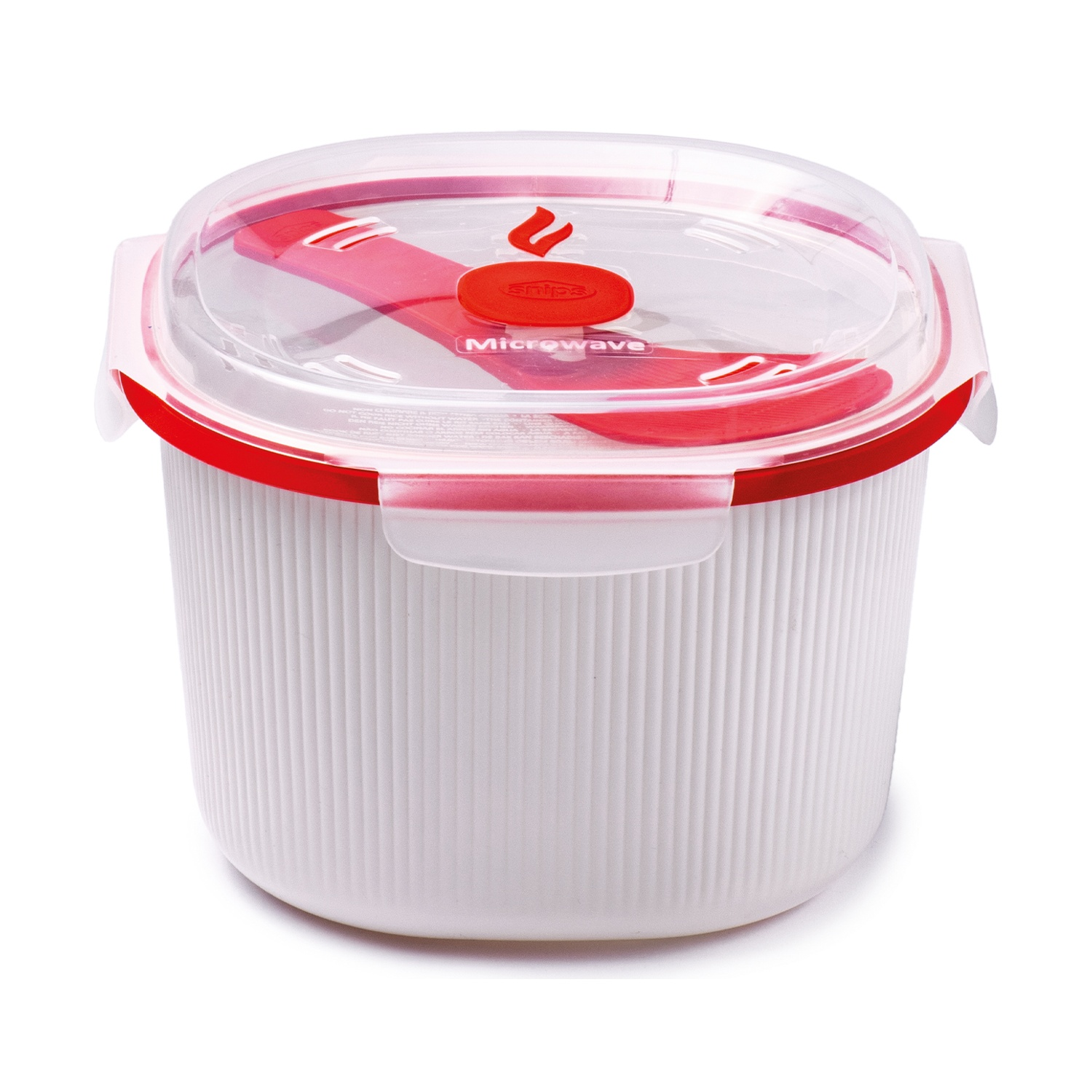 Contenitore per microonde bianco e rosso. Coperchio trasparente con utensile rosso a forma di cucchiaio. Accenti rossi sul bordo e sulla clip del coperchio. Sfondo bianco.