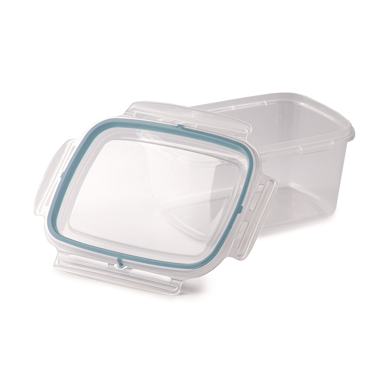 Un contenitore per alimenti in plastica trasparente con coperchio. Il coperchio ha una guarnizione blu. Il contenitore è su una superficie bianca.