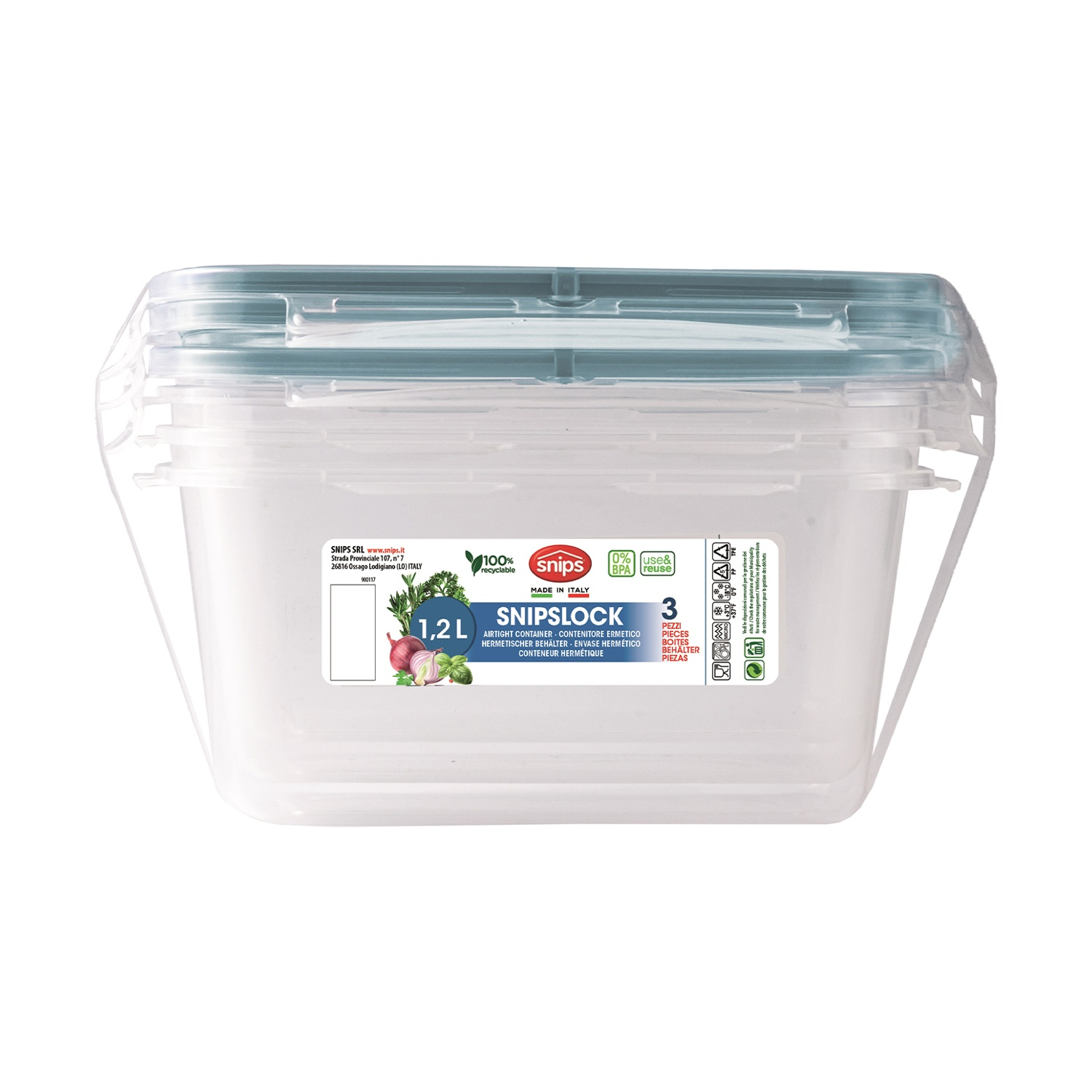 Contenitore per alimenti in plastica trasparente con coperchio verde acqua, etichettato, capacità 1.2L, marchio 'Snips'.