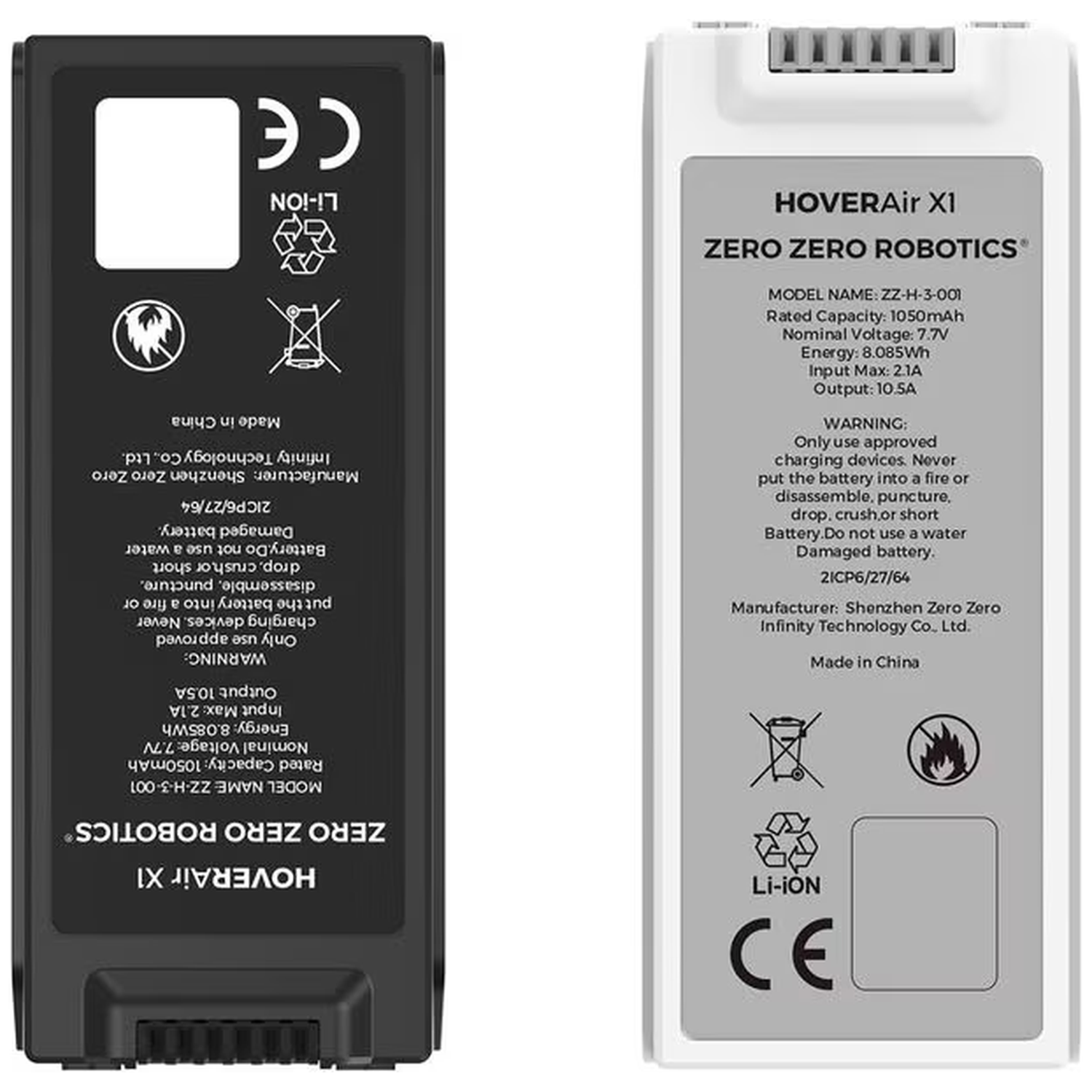 Twee accupacks voor de HoverAir X1 drone. Eén zwart, één wit. Teksten bevatten waarschuwingen, specificaties en logo's.