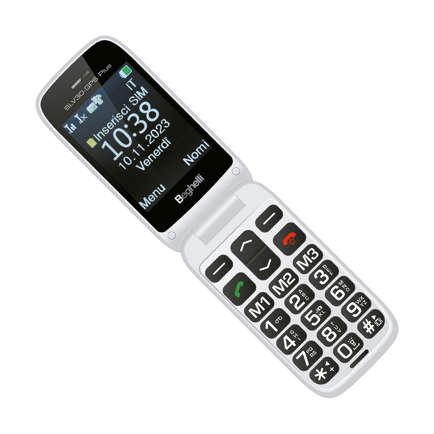 Un telefono a conchiglia bianco con schermo che mostra ora e data. La tastiera ha pulsanti grandi.