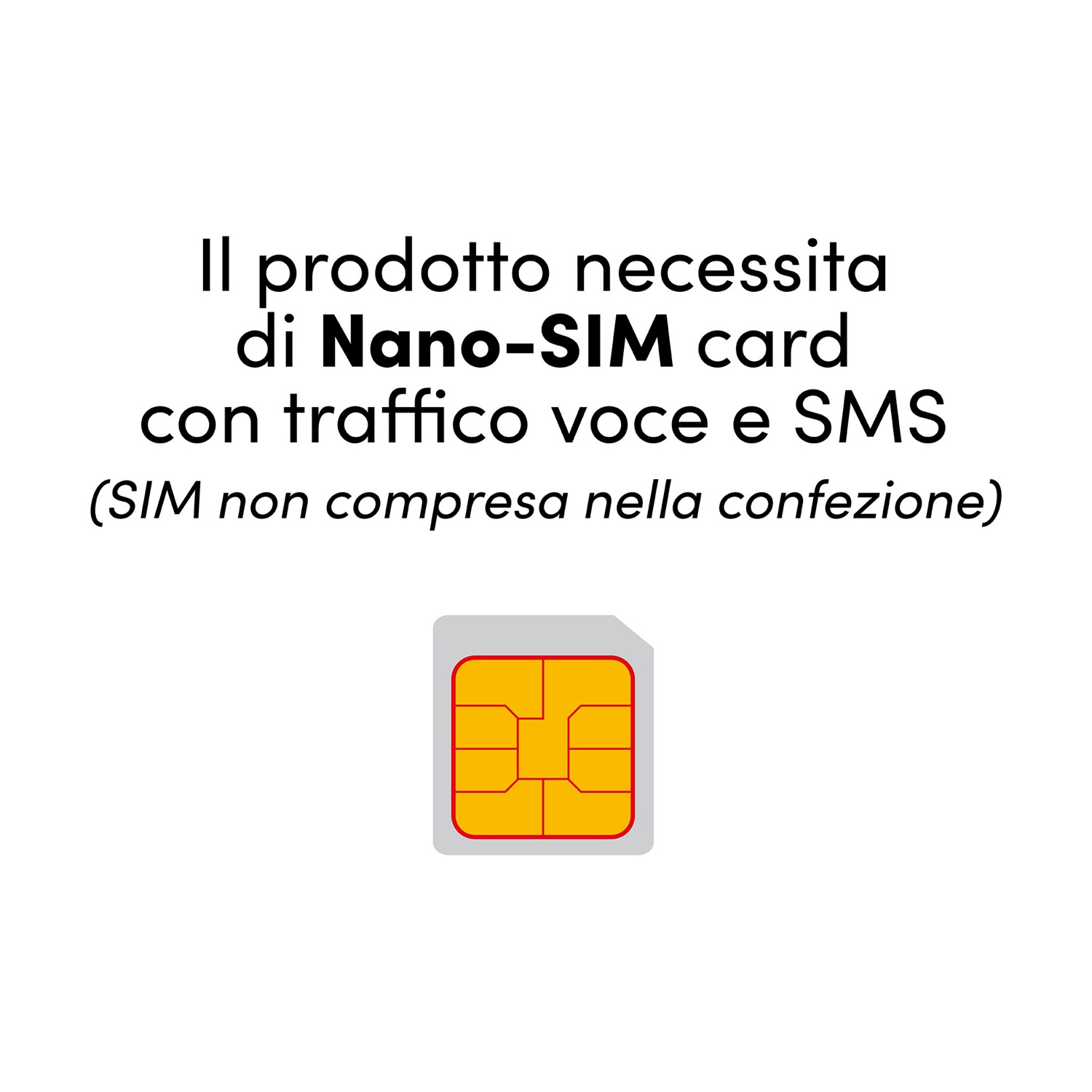 L'immagine mostra testo in italiano su un prodotto che necessita di una scheda Nano-SIM per voce e SMS. Sotto, un'immagine della scheda SIM.