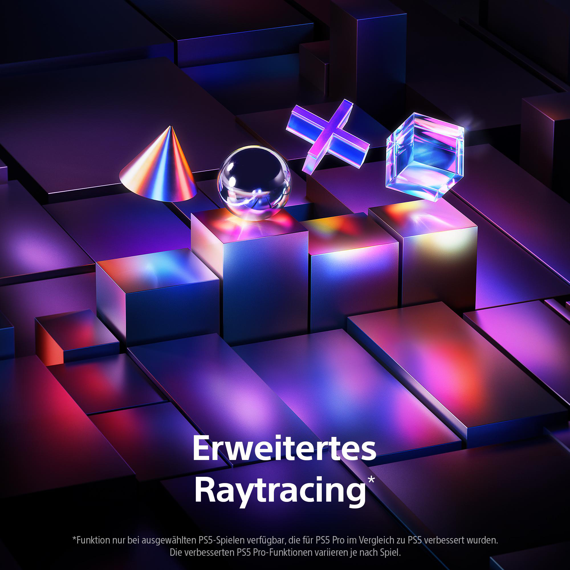 Abstraktes Bild mit geometrischen Formen, darunter ein Kegel, eine Kugel, ein Kreuz und ein Würfel, in Lila und Blau.