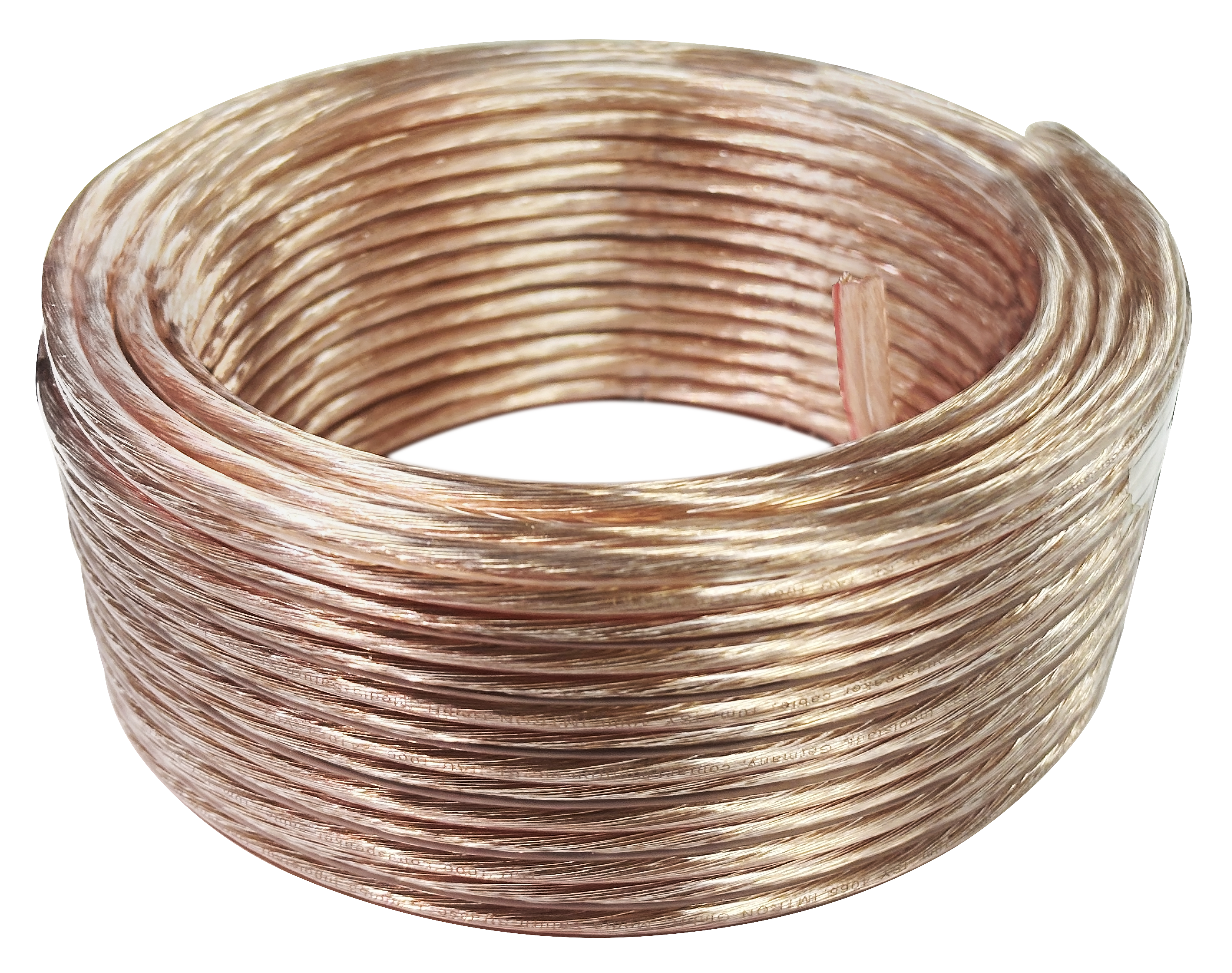 Zwinięty przewód głośnikowy, przezroczysty i brązowy. Cewka jest ciasno zwinięta, widoczny czerwony pasek.