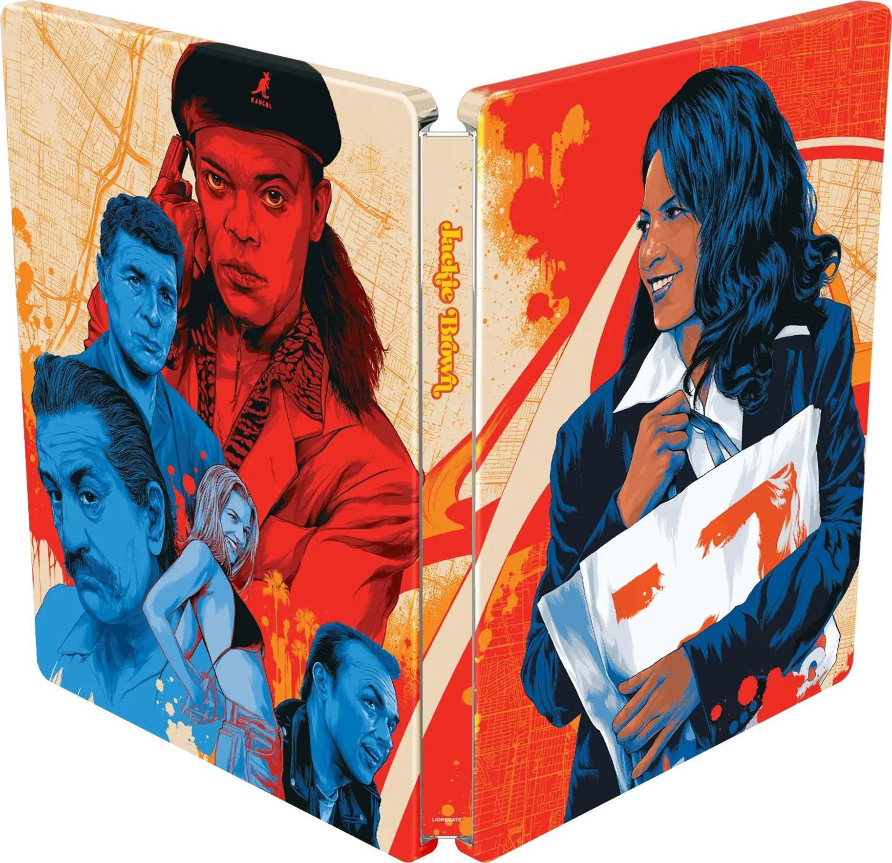 Cover-Art für 'Jackie Brown'. Zeigt Charaktere in Rot und Blau, eine Frau hält ein Papier mit einem Pfeil.