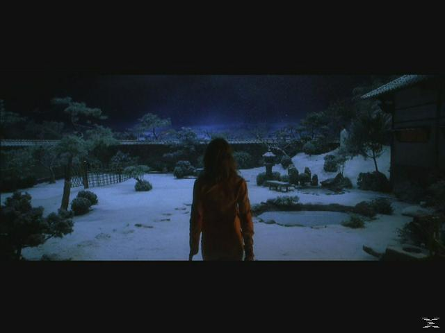 Eine Frau in einer orangefarbenen Jacke geht nachts auf einen schneebedeckten japanischen Garten zu. Bäume, eine Laterne und ein Gebäude sind sichtbar.