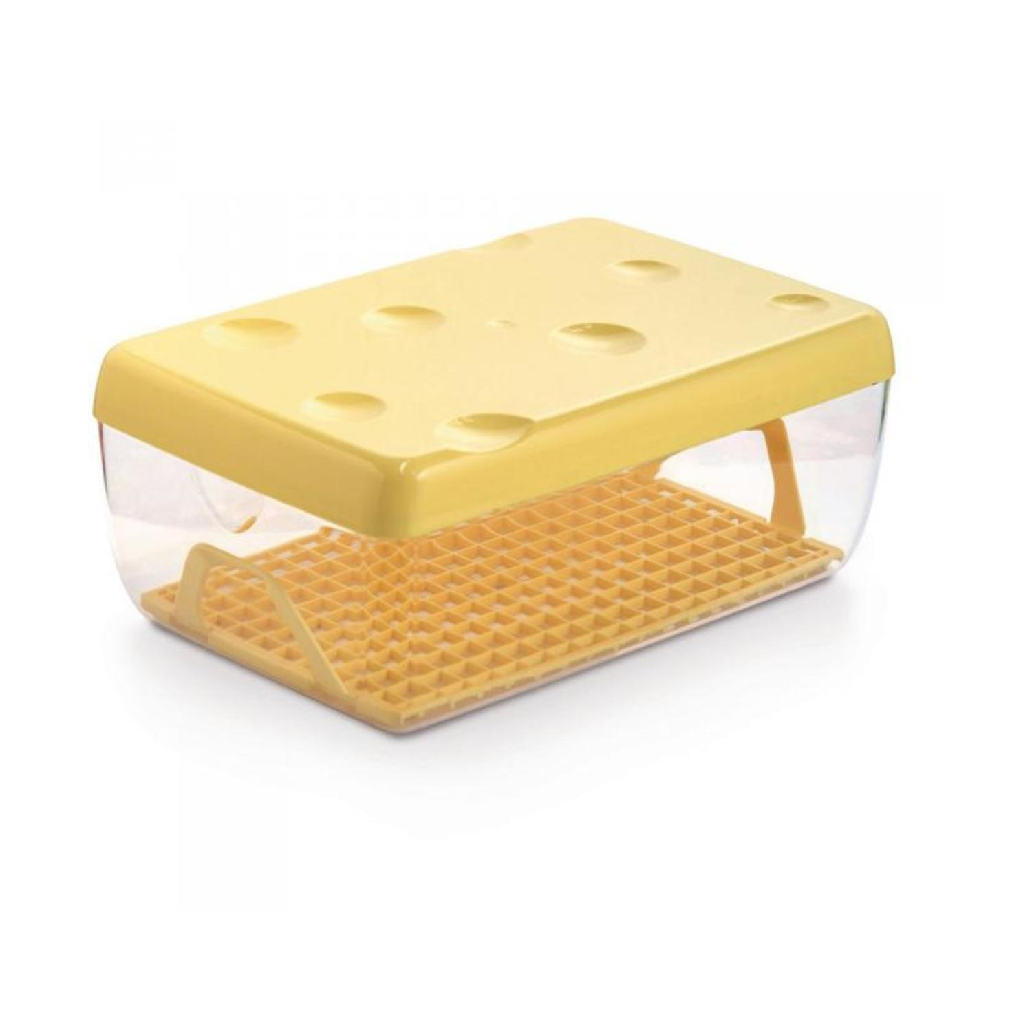 Un contenitore giallo a forma di formaggio con una griglia all'interno. Ha lati trasparenti e un coperchio con fori.