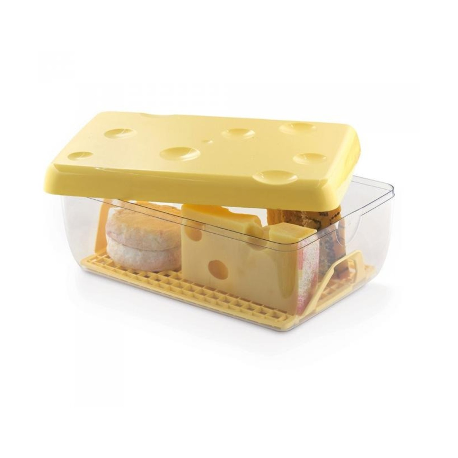 Un contenitore per formaggio con coperchio giallo. All'interno ci sono vari tipi di formaggio. Il contenitore è in plastica trasparente con un vassoio giallo.