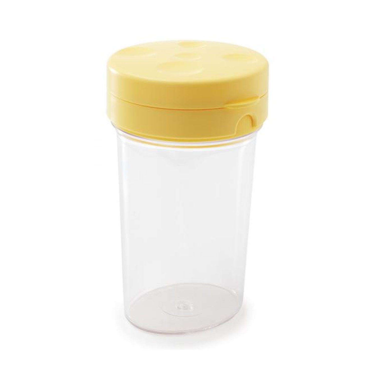 Un contenitore di plastica trasparente con coperchio giallo. Il coperchio ha una forma rotonda con piccoli fori. Il contenitore è vuoto.