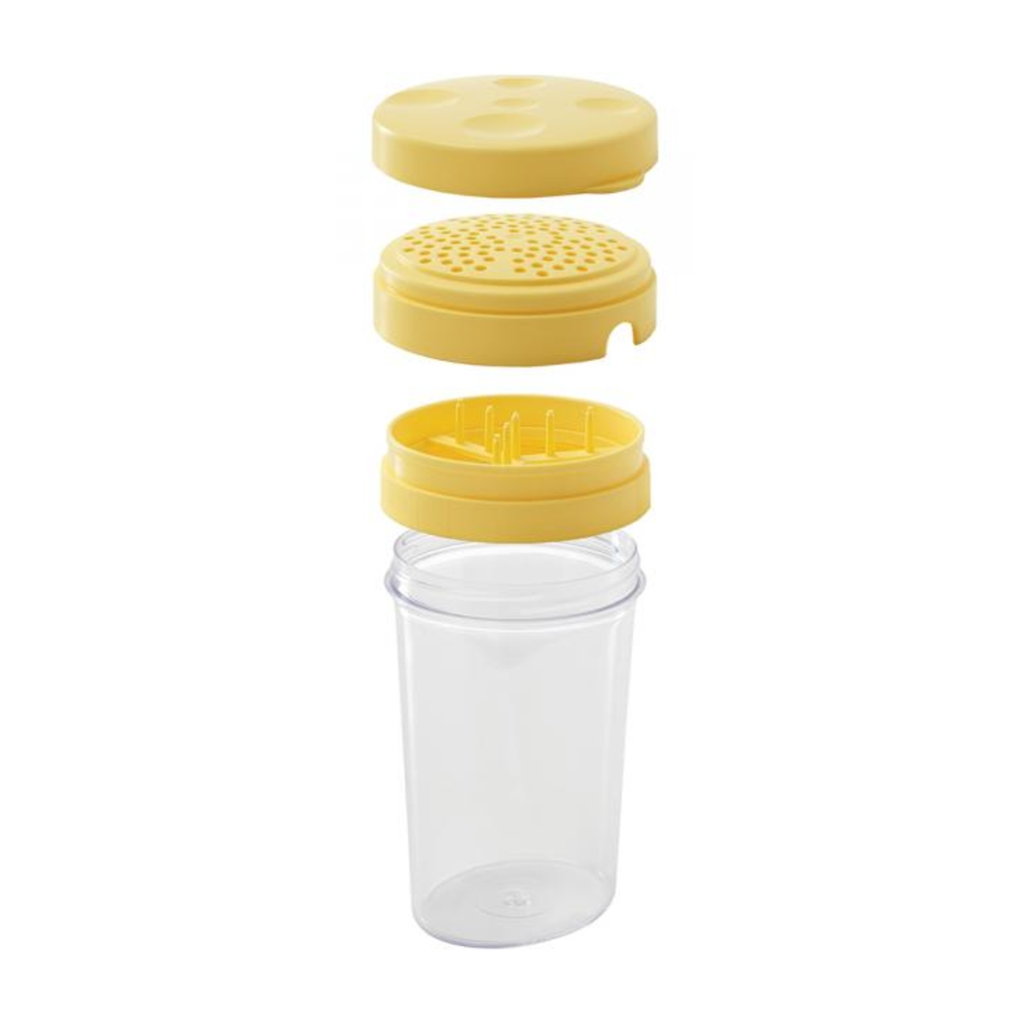 Un preparatore di alimenti per l'infanzia giallo e trasparente smontato. Ha un coperchio, un colino, una parte con punte e una tazza trasparente.
