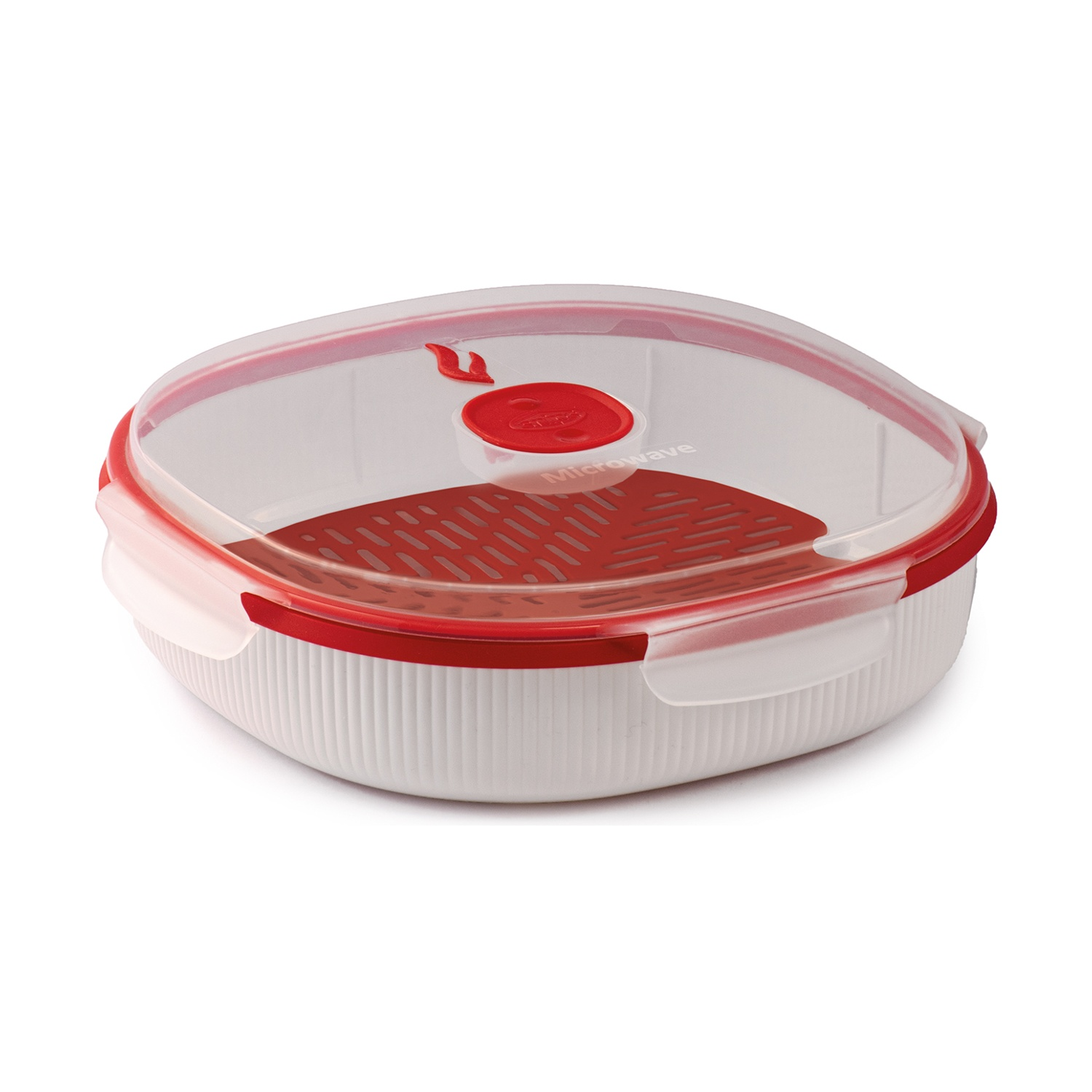 Una vaporiera bianca per microonde con bordo, coperchio e sfiato rossi. Il coperchio è trasparente e mostra l'interno rosso.