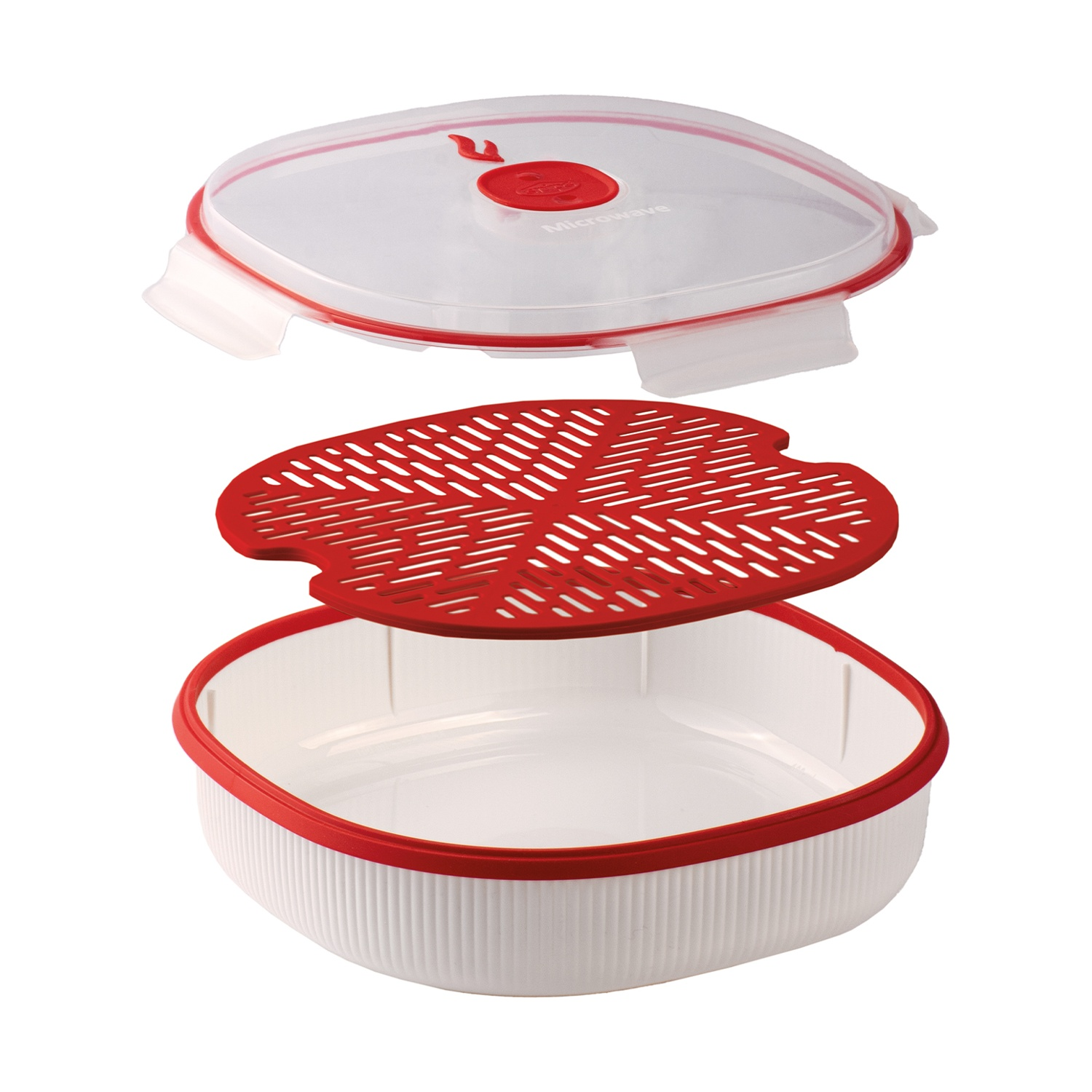 Un vaporizzatore per microonde con coperchio trasparente, bordi rossi e scolapasta rosso. La base è bianca con bordi rossi.