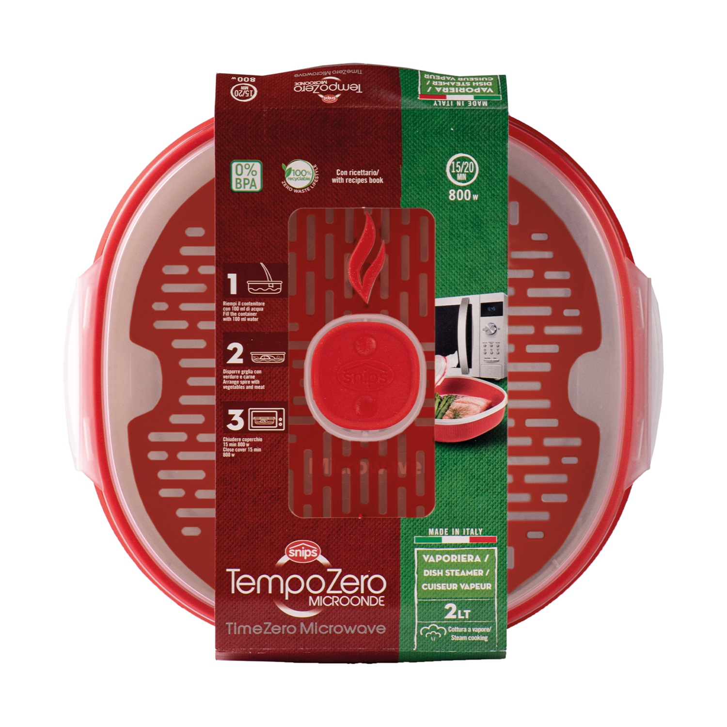 Vaporiera per microonde rossa e bianca con ricettario, senza BPA. Include istruzioni per verdure e carne.