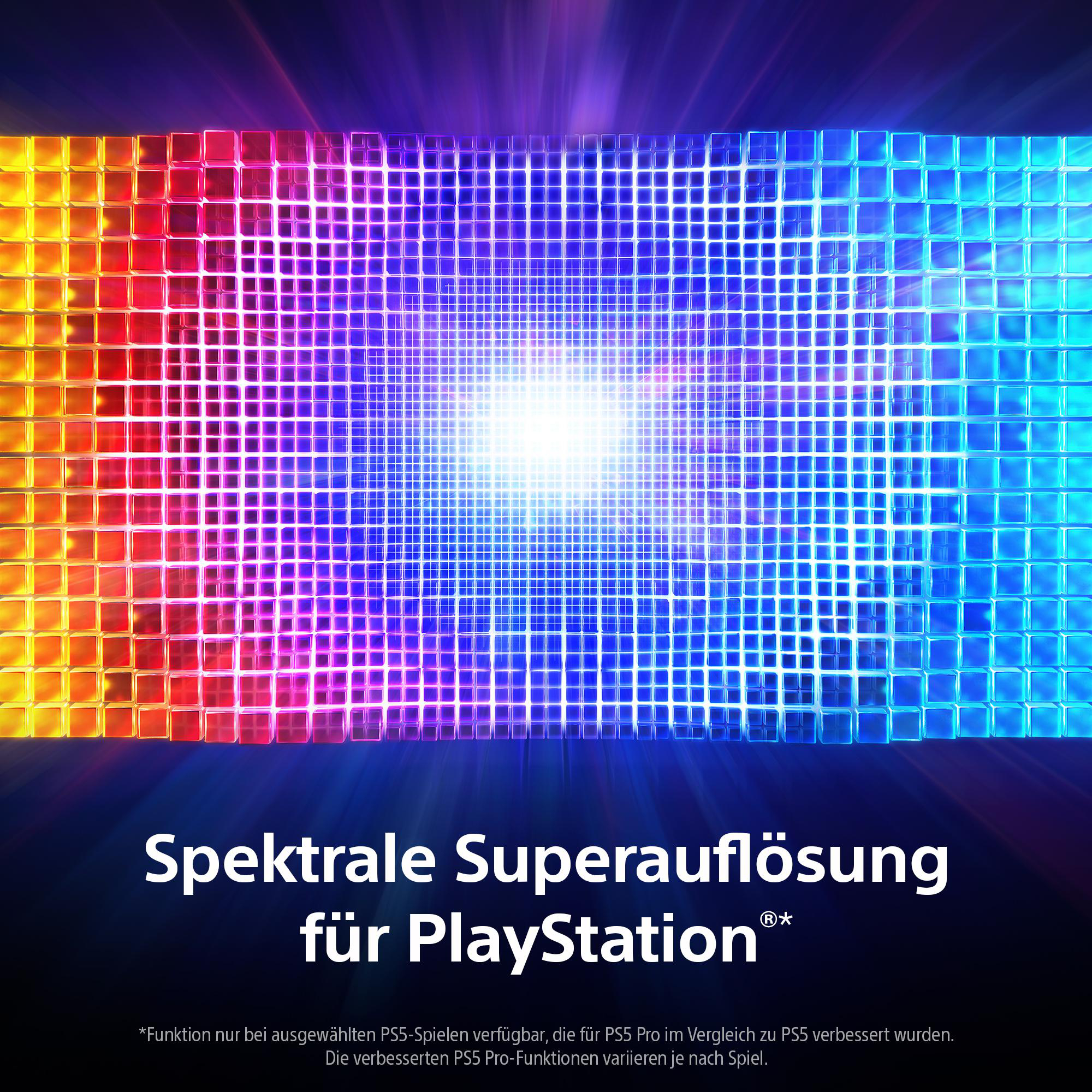 Abstraktes Bild mit einem Raster aus bunten Quadraten, das von Gelb nach Blau übergeht, und Text: Spektrale Superauflösung für PlayStation.