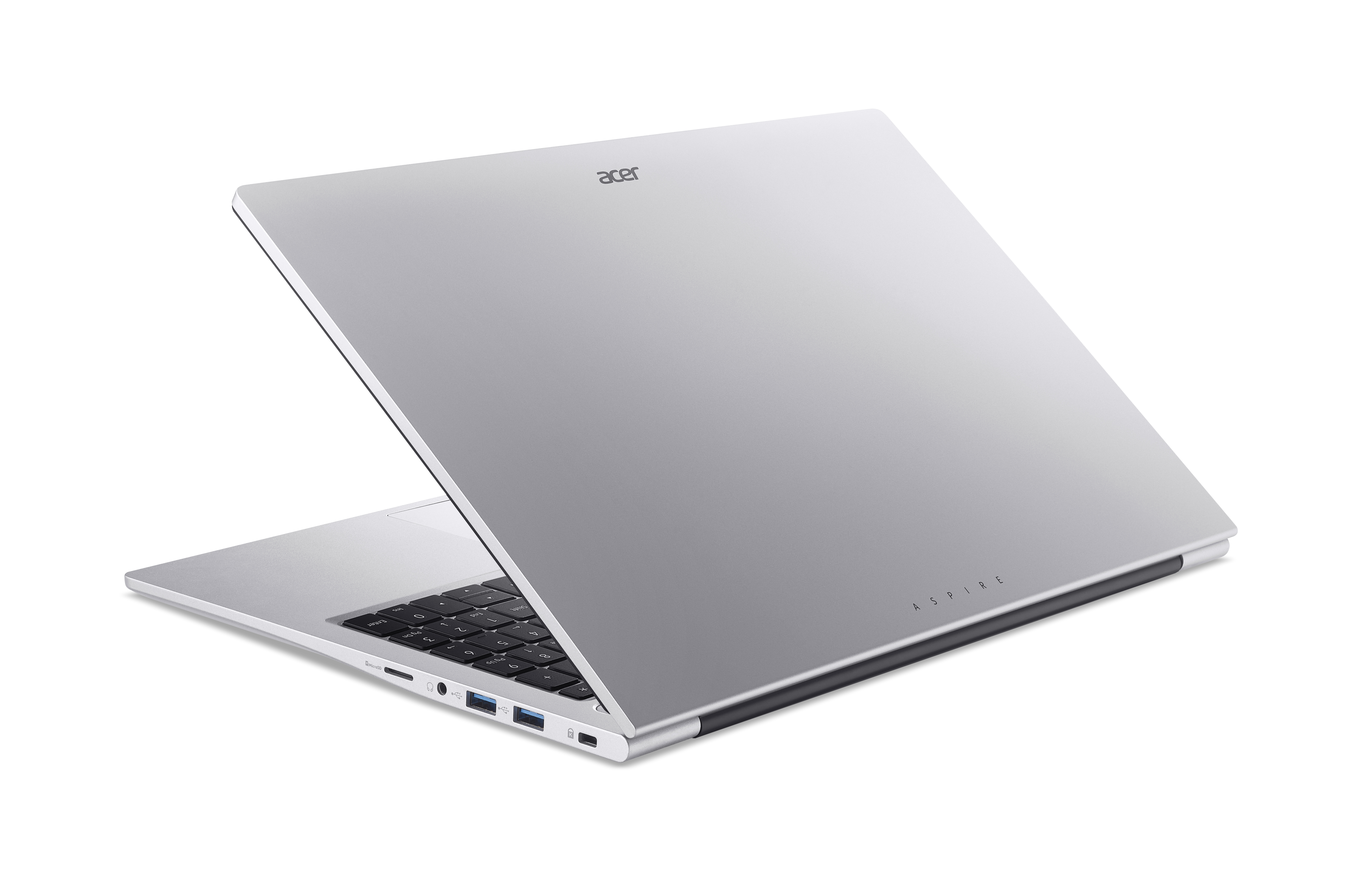 Silberner Acer-Laptop auf schwarzem Hintergrund geöffnet. Tastatur sichtbar, Acer-Logo auf dem Deckel und 'Aspire' unten.