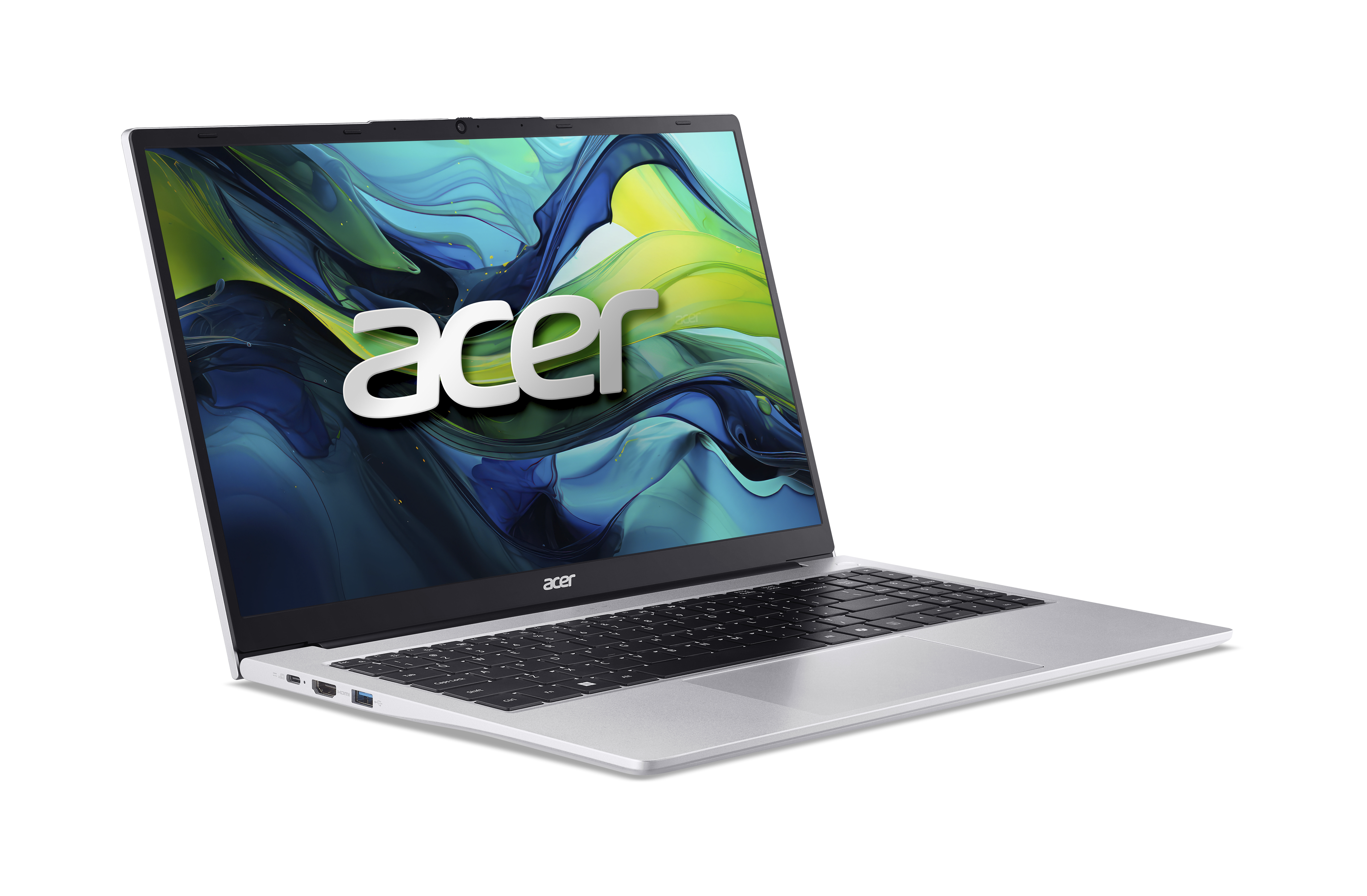Silberner Acer-Laptop auf schwarzem Hintergrund, Acer-Logo auf dem Bildschirm, Tastatur sichtbar.