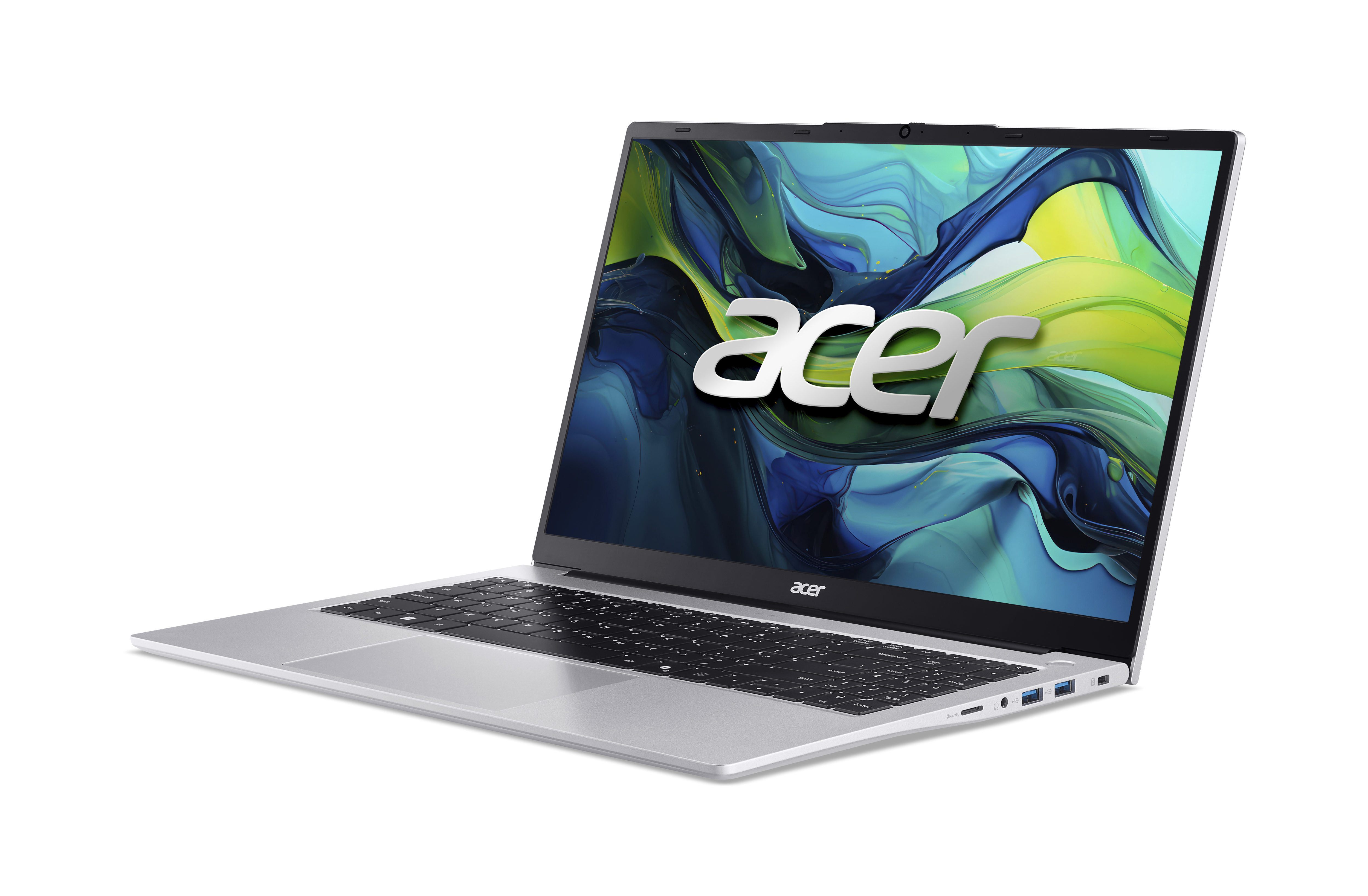 Silberner Acer-Laptop auf schwarzem Hintergrund, Bildschirm zeigt buntes abstraktes Bild mit Acer-Logo.