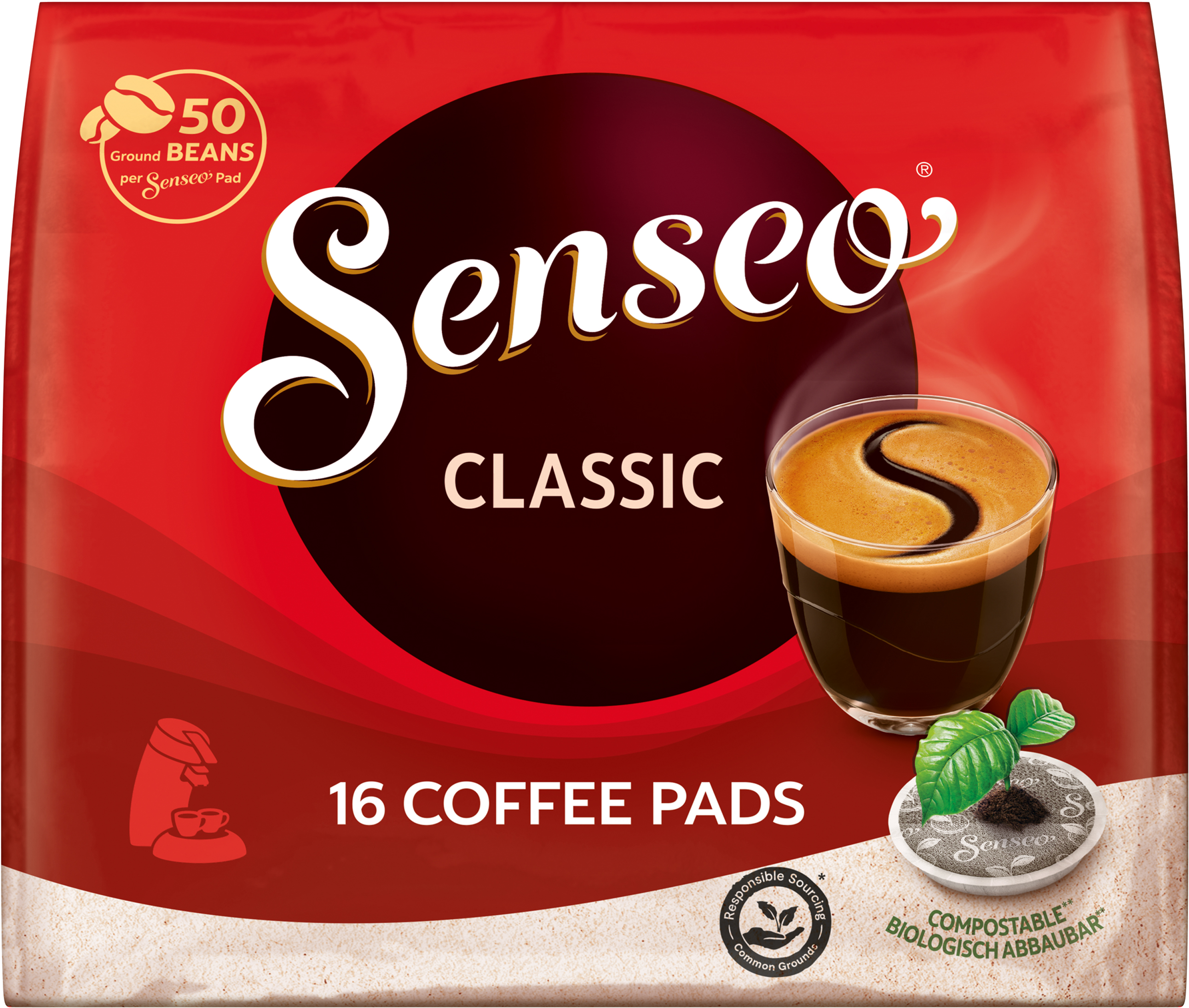 Rote Senseo-Kaffeepad-Packung. Ein Glas mit Kaffee und einem Blatt sowie der Text Classic und 16 Kaffeepads.