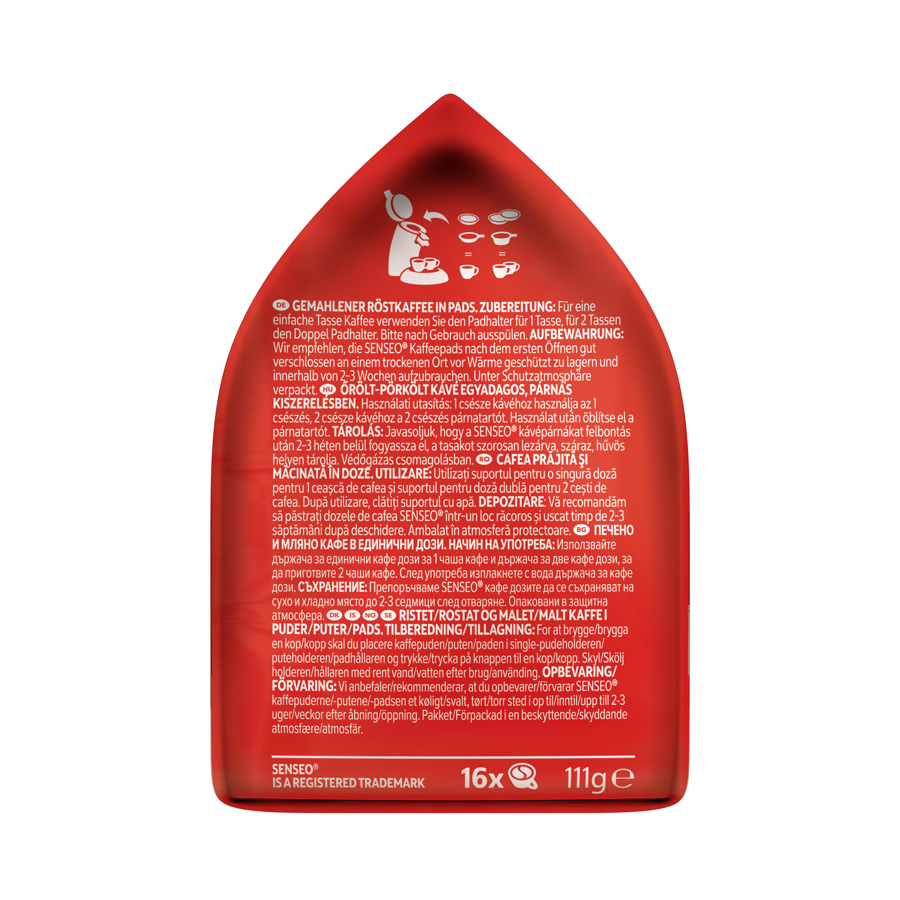 Rote Kaffeepackung mit Anweisungen. Enthält Kaffeetassen und Text in mehreren Sprachen.