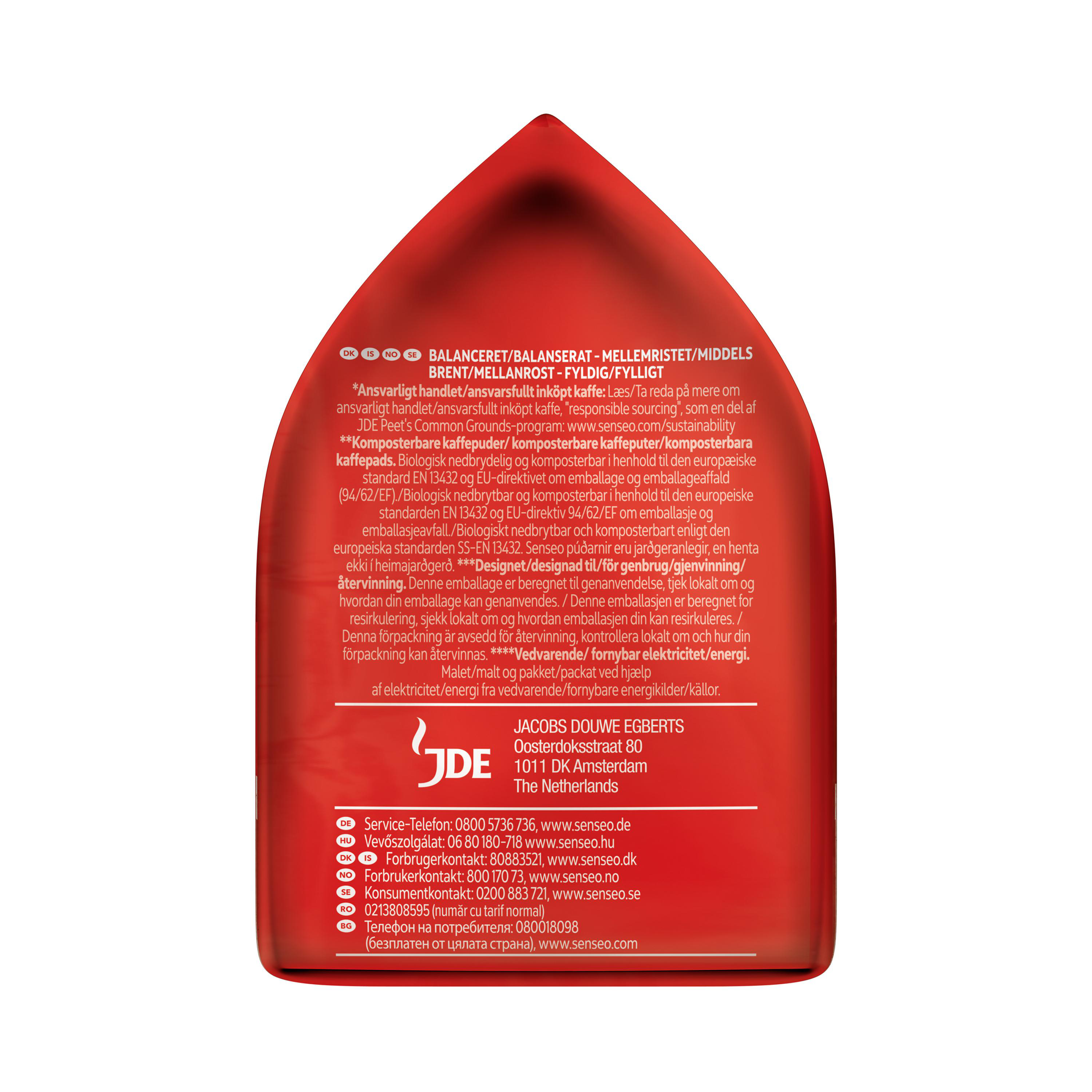 Rote Kaffeepackung mit Text in mehreren Sprachen. Die Verpackung hat die Form einer Kaffeebohne.
