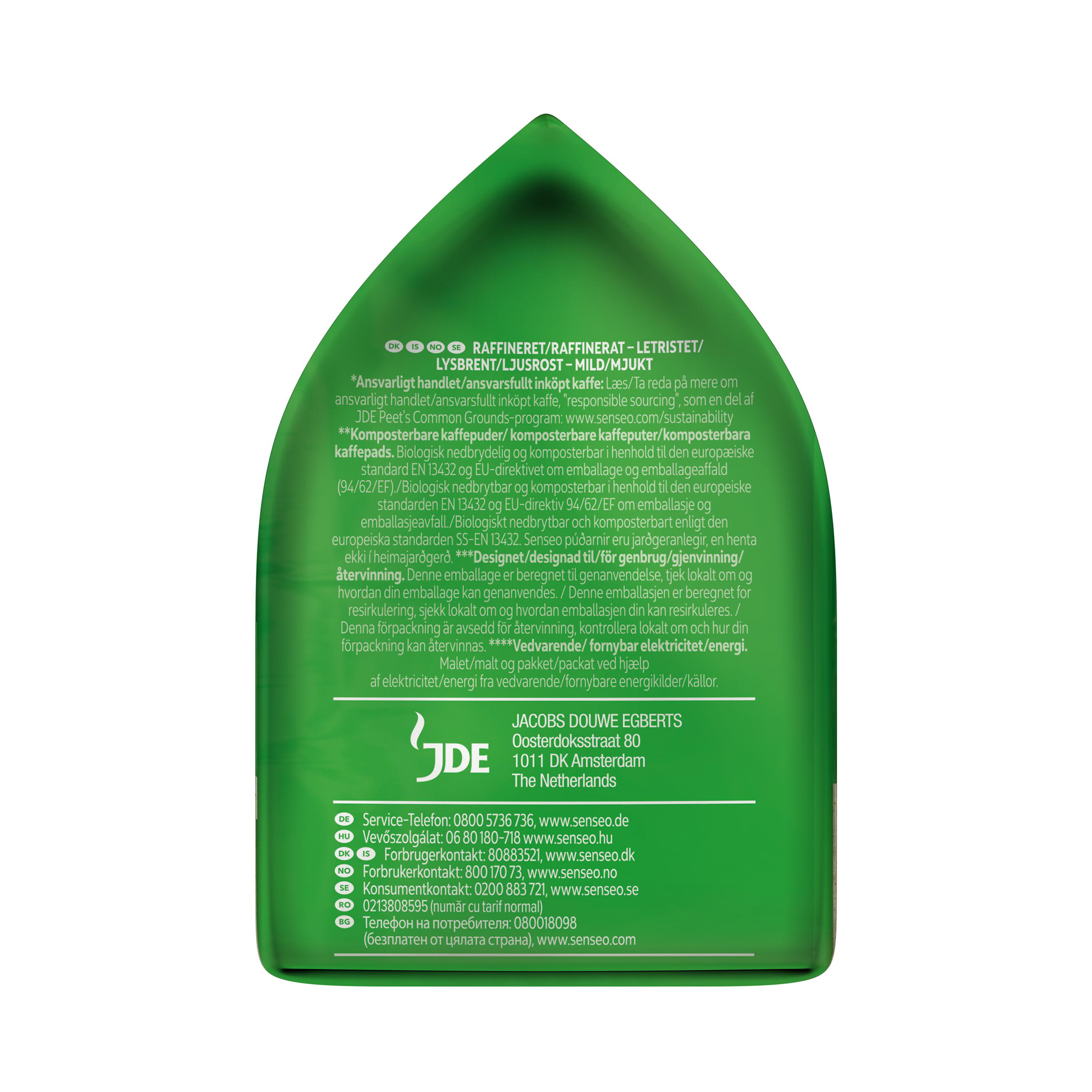 Grüne Verpackung mit Text in mehreren Sprachen. Enthält Informationen über Kaffee und Recycling.