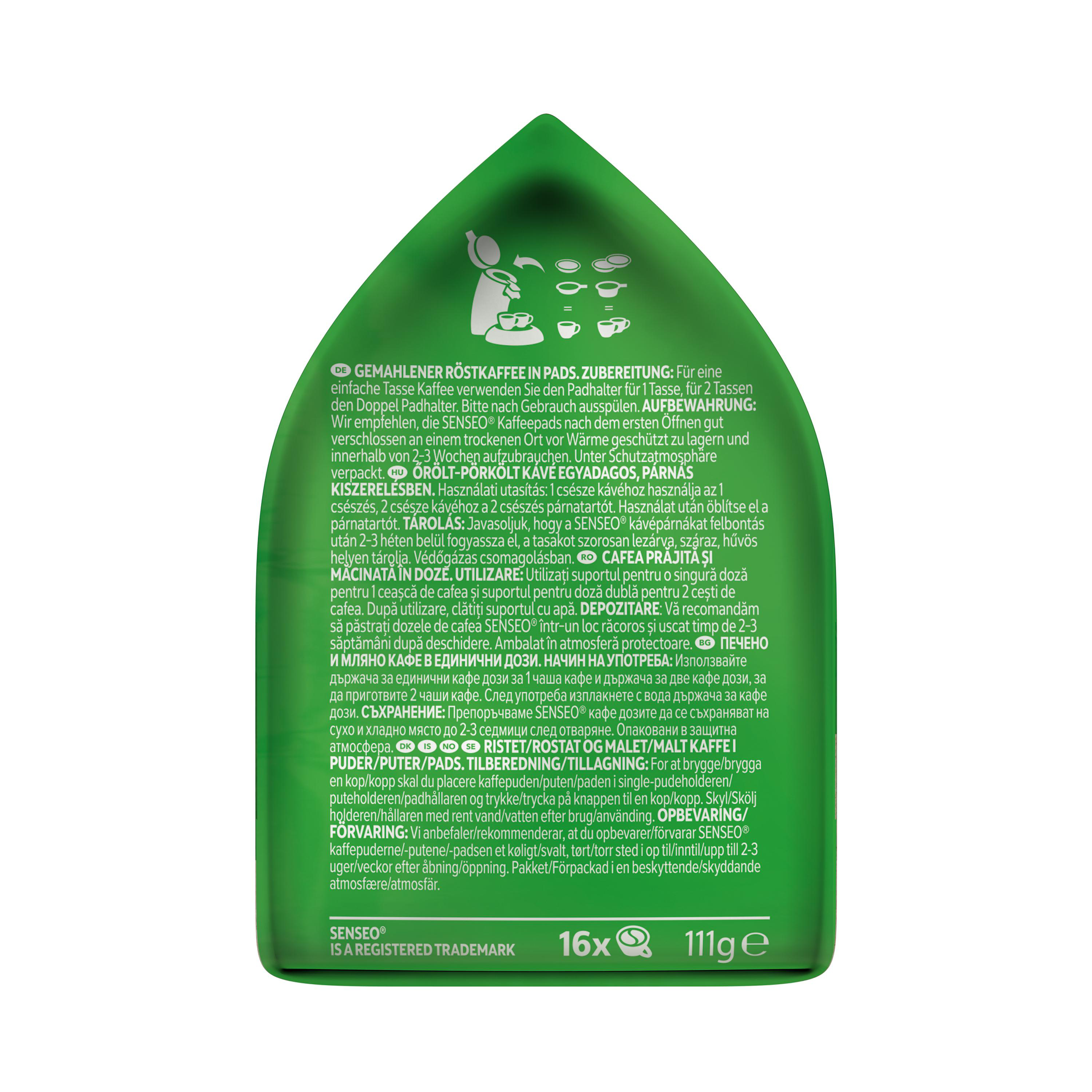 Grüne Kaffeepad-Box mit Text. Sie trägt die Aufschrift SENSEO, Kaffeebecher-Icons und Gewichtsangaben.