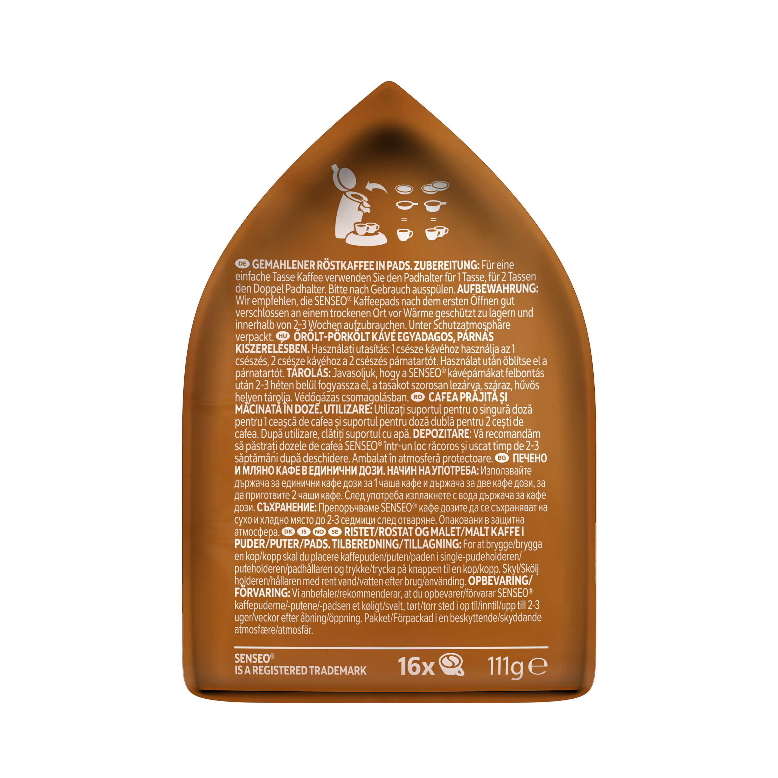 Braune Kaffeepad-Verpackung mit Textanweisungen und Kaffeetassen-Symbolen auf weißem Hintergrund.