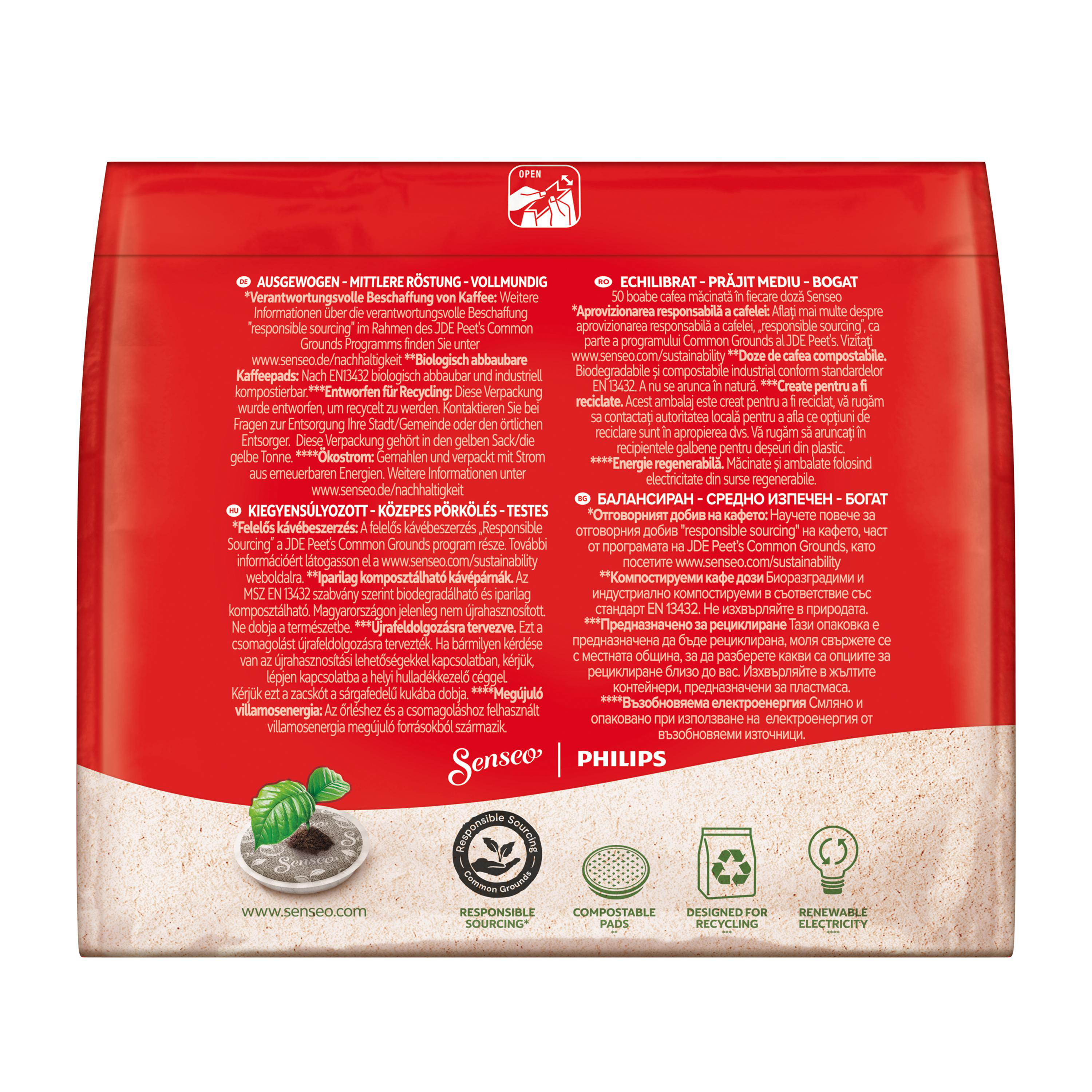 Kaffeepackung mit Text in mehreren Sprachen, Icons für verantwortungsvolle Beschaffung, kompostierbare Pads und Recycling.