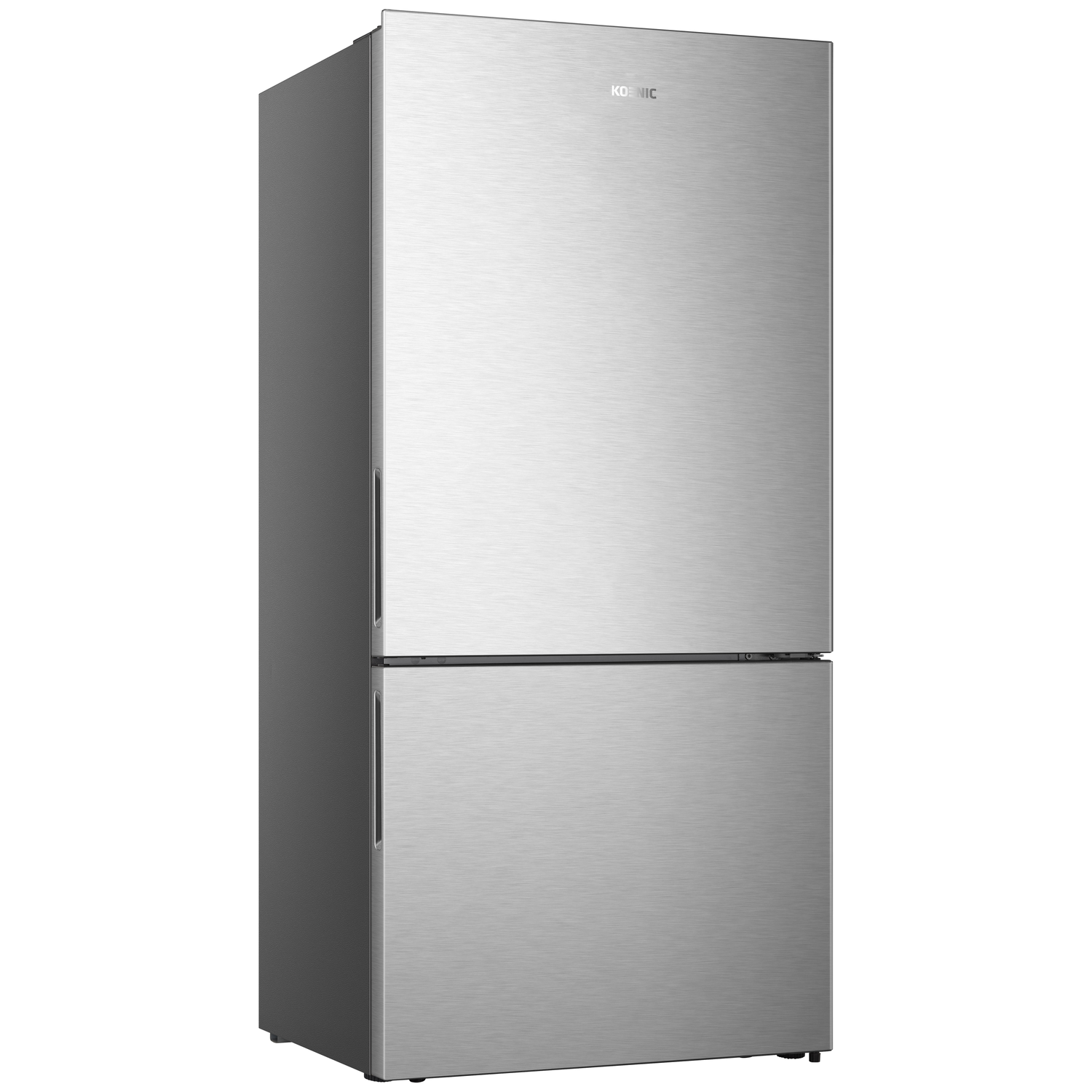 A stainless steel refrigerator with a top freezer and bottom fridge. The brand name 'KOENIC' is visible on top.