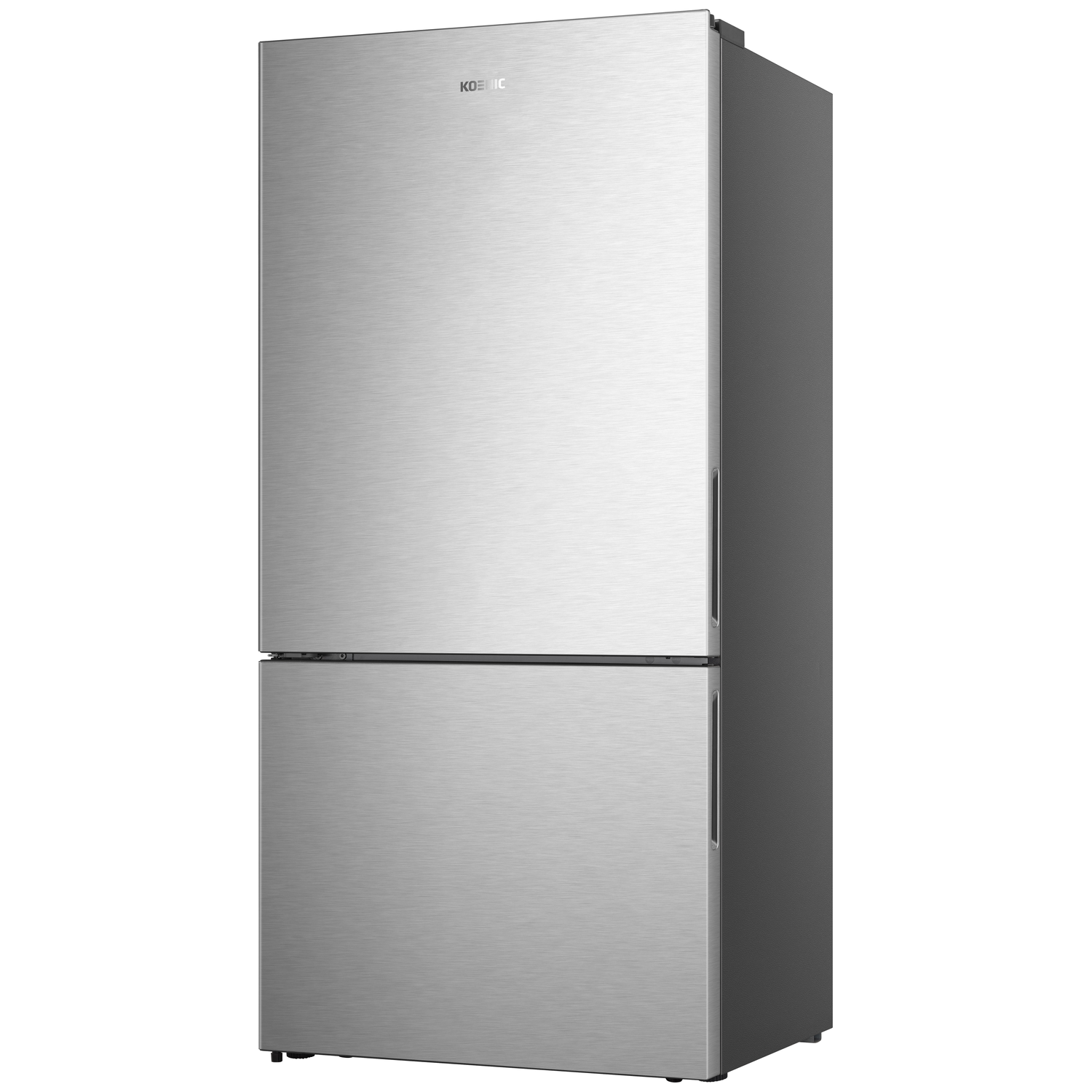 A stainless steel Koenic refrigerator. It has two doors, a top and a bottom section. The background is white.