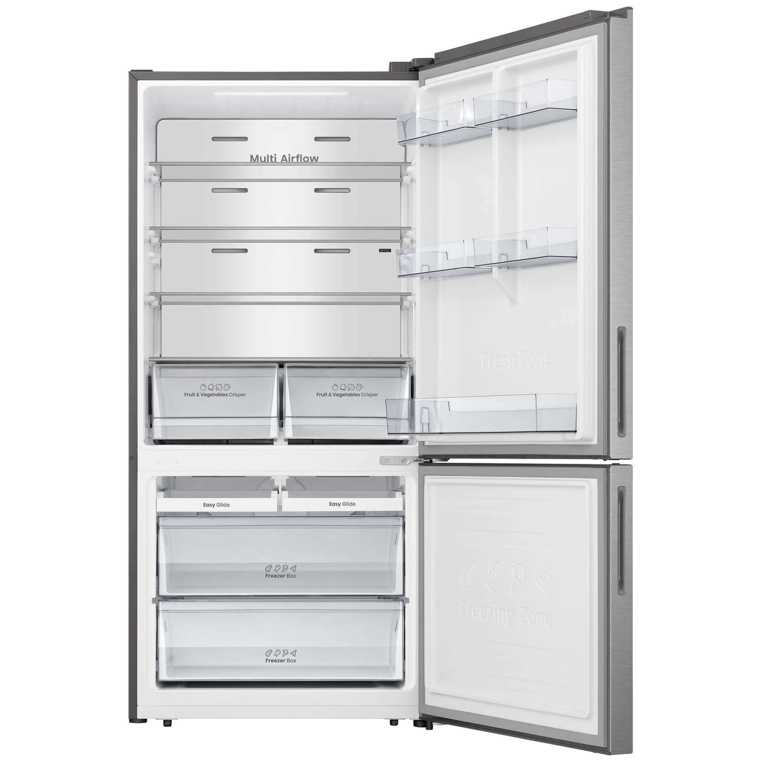 Open refrigerator showing compartments. Top has shelves and drawers. Right door has shelves. Bottom has freezer drawers. Silver finish.