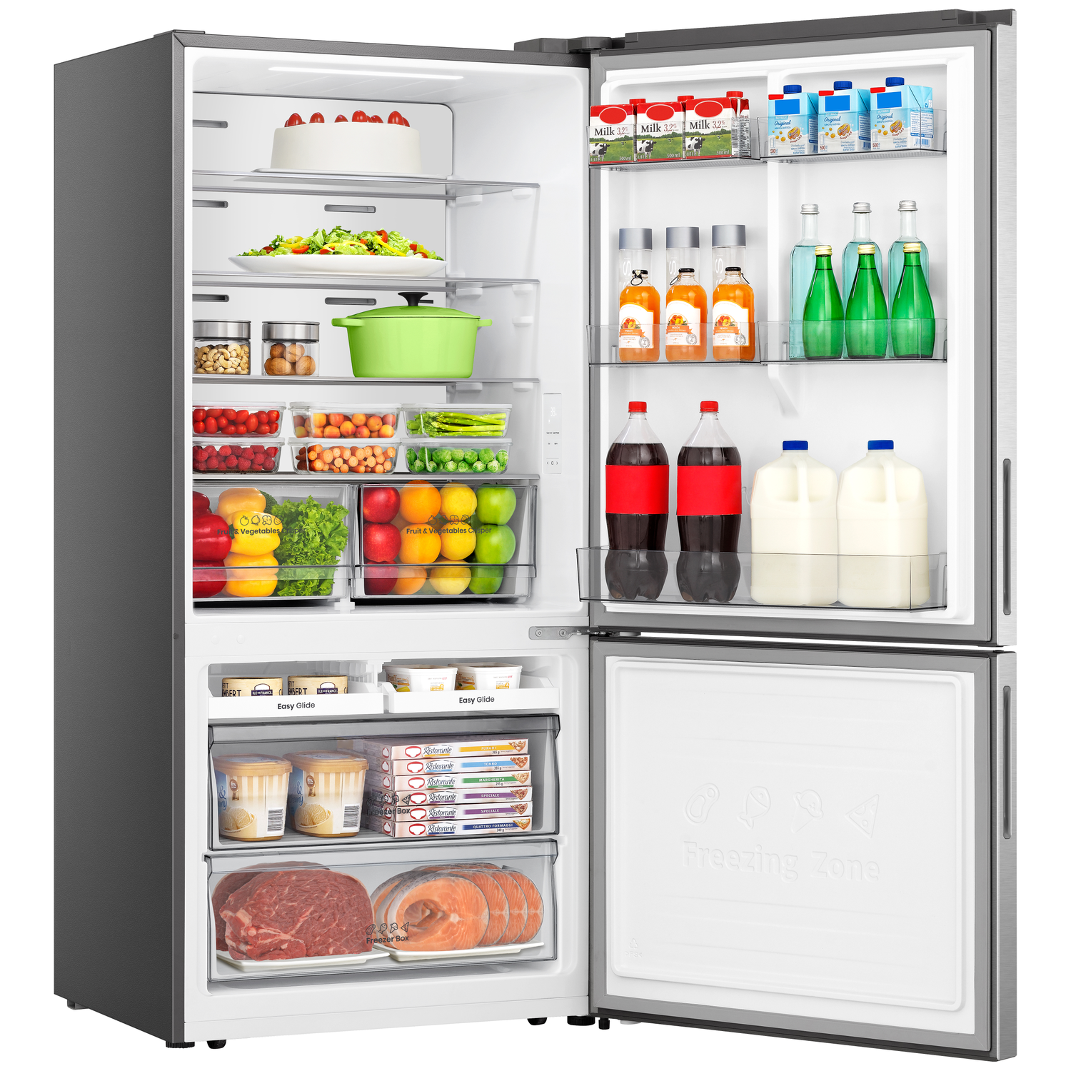 Open refrigerator filled with food: cake, salad, vegetables, fruits, drinks, milk, juice, meat, and frozen pizzas.