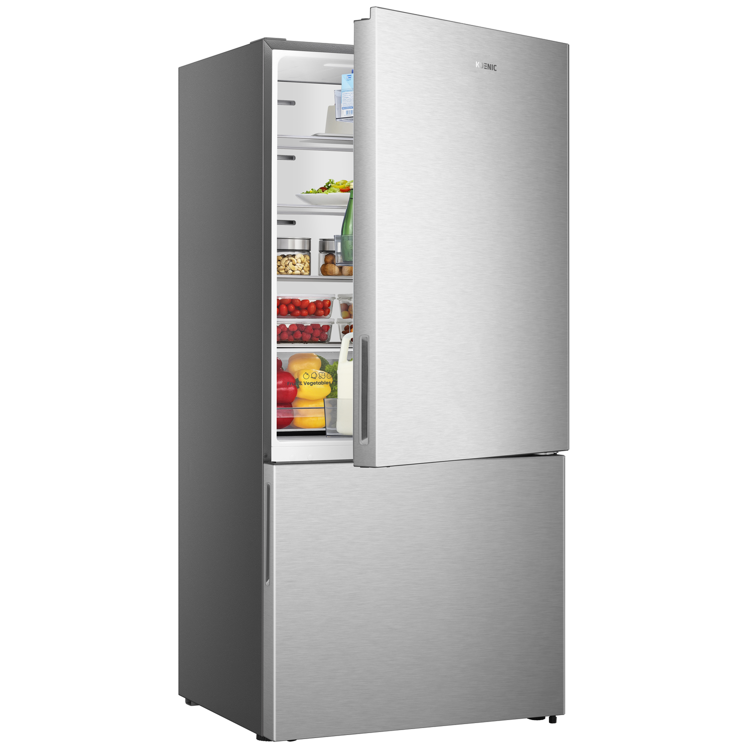 A silver refrigerator with the door open, revealing shelves of food like vegetables, fruits, and jars. The other door is closed.