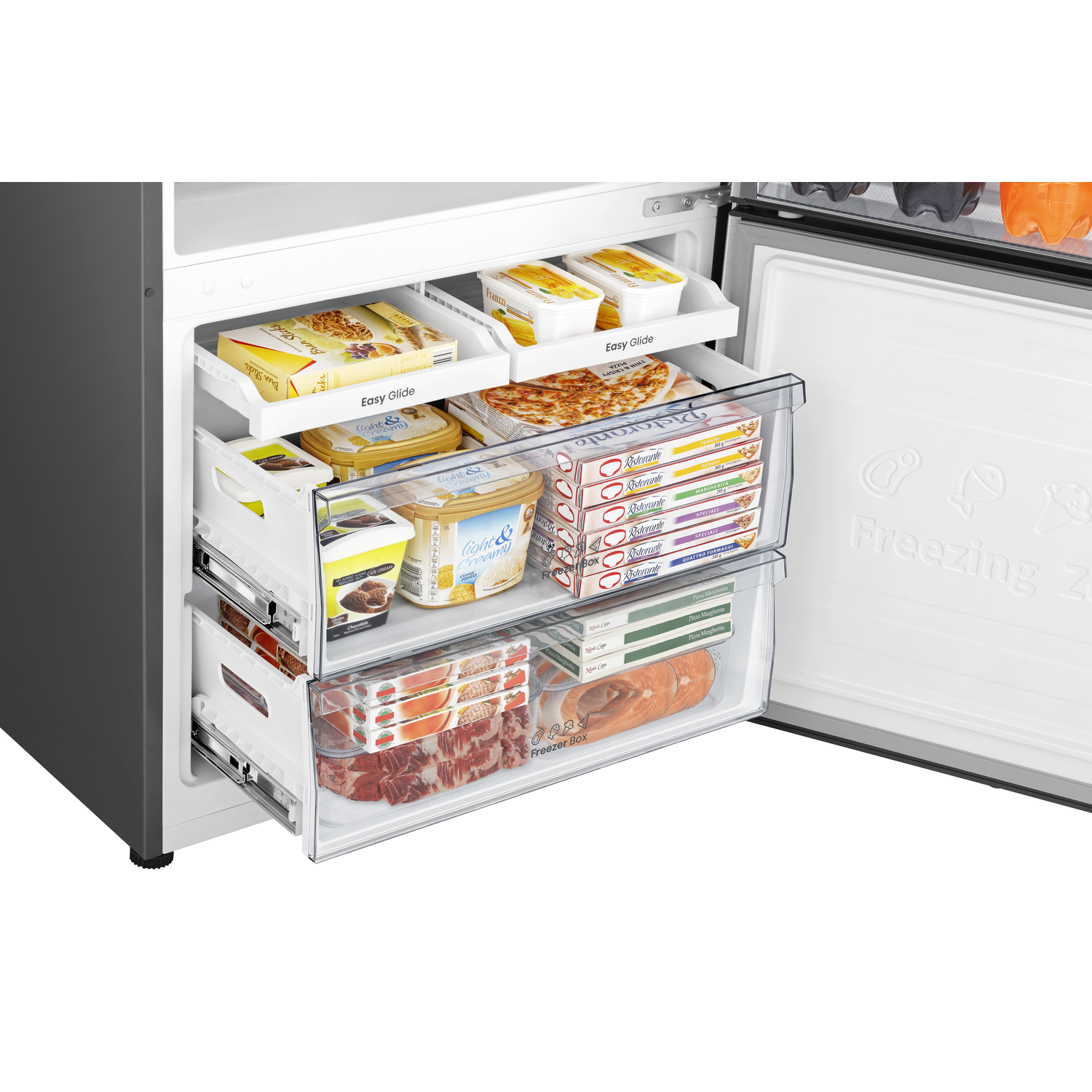 Open refrigerator showing drawers with food items: pizza, ice cream, and frozen meals. The door is open, revealing the freezer section.