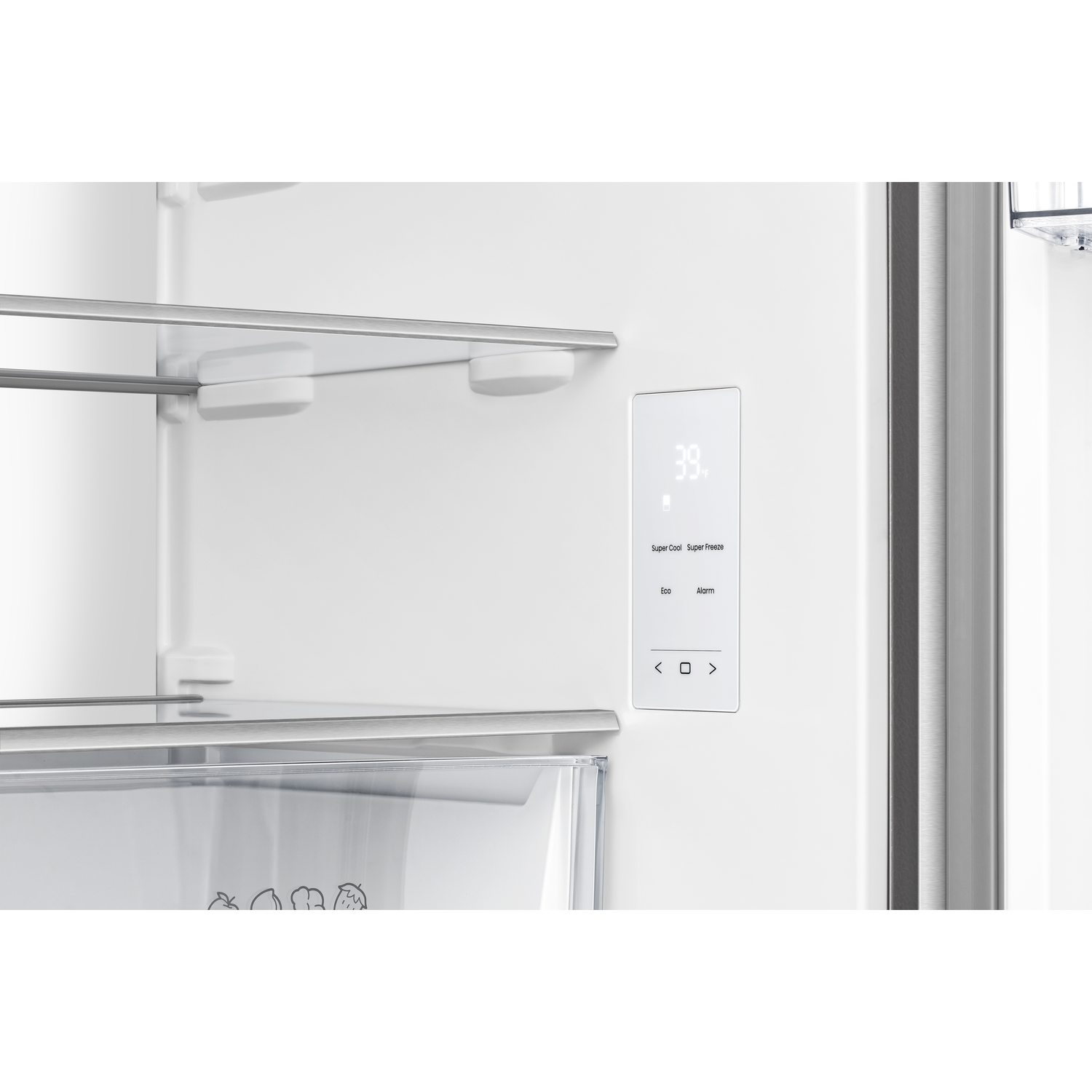 Inside a refrigerator. A control panel shows 39 degrees. Shelves and a drawer are visible. The refrigerator door is open.