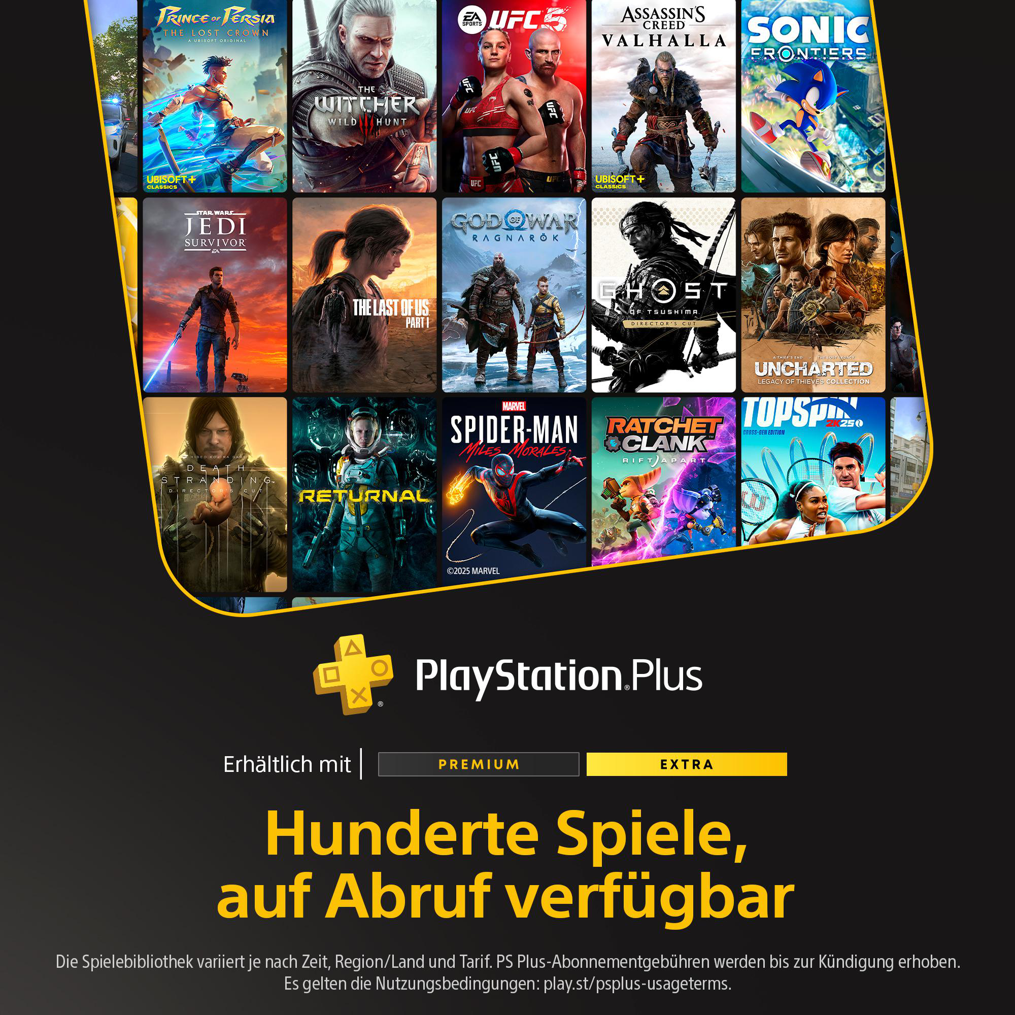 Das Bild zeigt Spielcover wie The Witcher, Assassin's Creed und Spider-Man. PlayStation Plus Logo sichtbar.